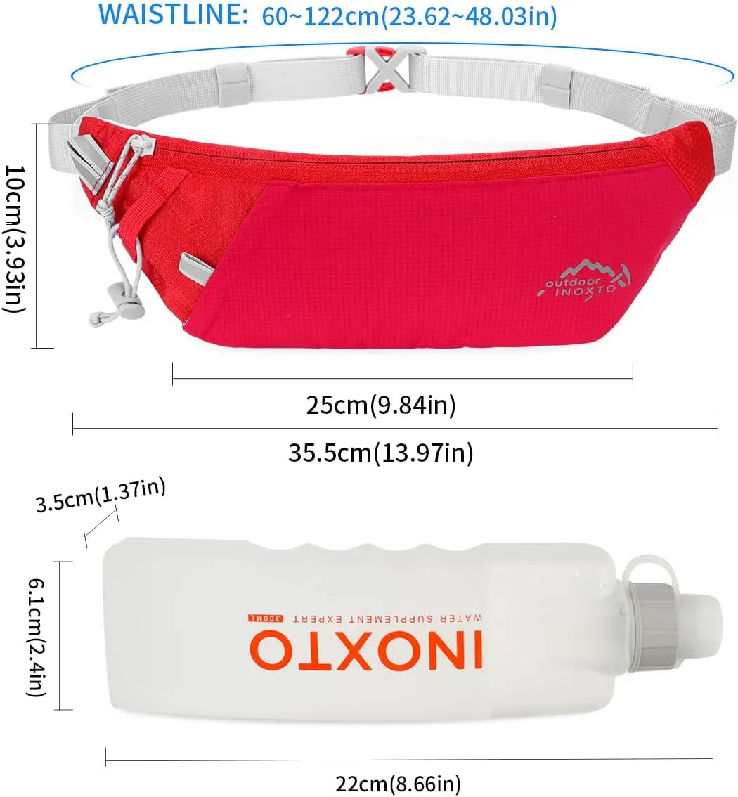INOXTO Slim Running Belt Fanny Pack for Women and Men Sports Waist Bag Pack with 300ml Water Bottle for Running Walking Cycling Hiking Reflective Running Pouch Belt for All Phones (Red)