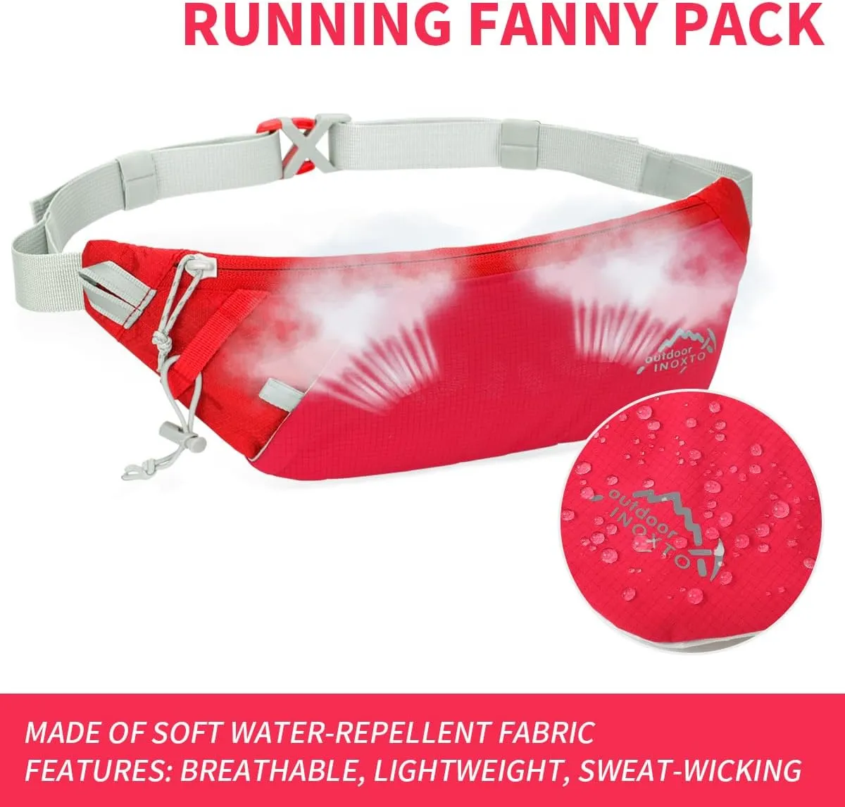 INOXTO Slim Running Belt Fanny Pack for Women and Men Sports Waist Bag Pack with 300ml Water Bottle for Running Walking Cycling Hiking Reflective Running Pouch Belt for All Phones (Red)