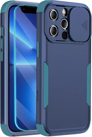 iPhone 13 Pro Heavy Duty Protection Case with Camera Slide Cover Screen Protector, Wireless Charging Case Compatible for Apple iPhone 13 Pro 6.1 inch, Blue