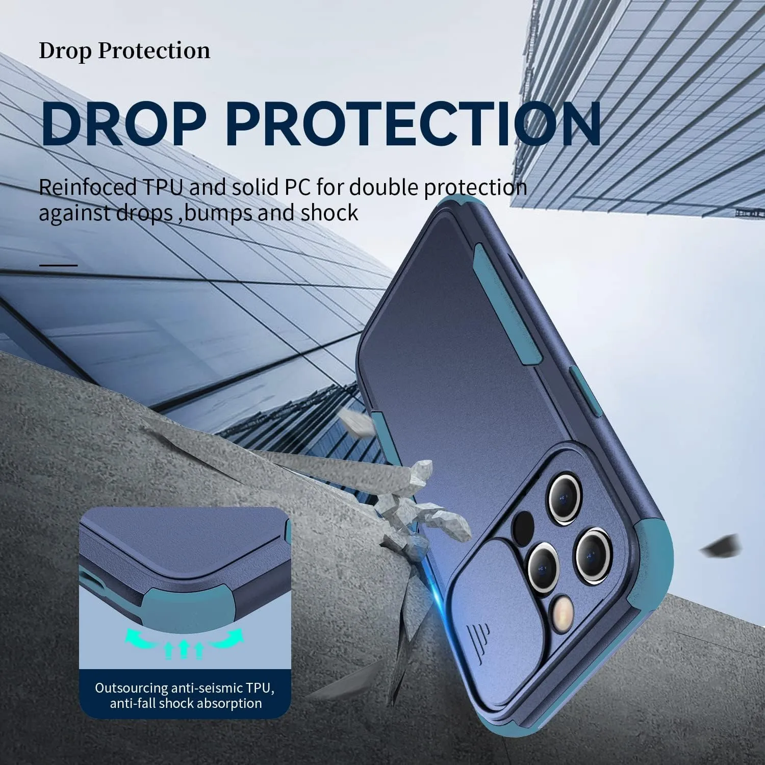 iPhone 13 Pro Heavy Duty Protection Case with Camera Slide Cover Screen Protector, Wireless Charging Case Compatible for Apple iPhone 13 Pro 6.1 inch, Blue