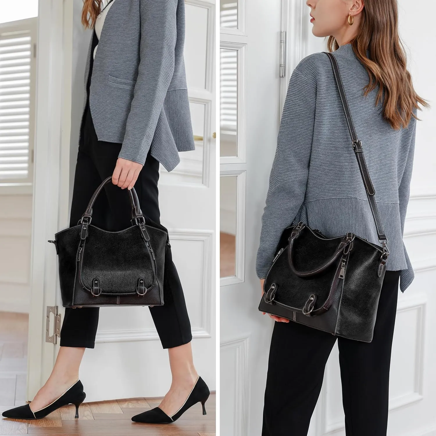Iswee Leather Shoulder Bags for Women - Vintage Designer Crossbody & Tote Bags with Zipper Top-Handle