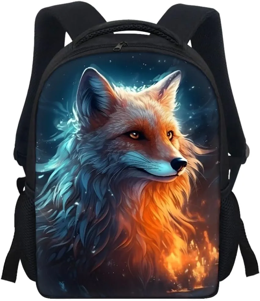 JooMeryer Kids Animal Backpack Cool Wolf Fox Print Shoulder Bag for Boys Girls Teenager Casual Rucksack Schoolbag, 12inch,Blue Yellow Fox