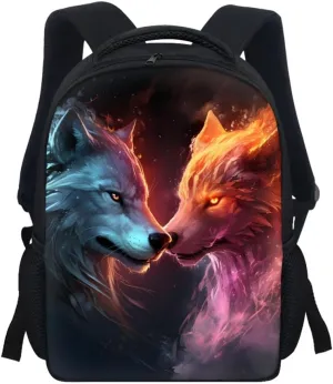 JooMeryer Kids Animal Backpack Cool Wolf Fox Print Shoulder Bag for Boys Girls Teenager Casual Rucksack Schoolbag, 12inch,Blue Yellow Wolf