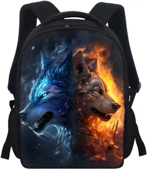 JooMeryer Kids Animal Backpack Cool Wolf Fox Print Shoulder Bag for Boys Girls Teenager Casual Rucksack Schoolbag, 12inch,Fire Ice Wolf