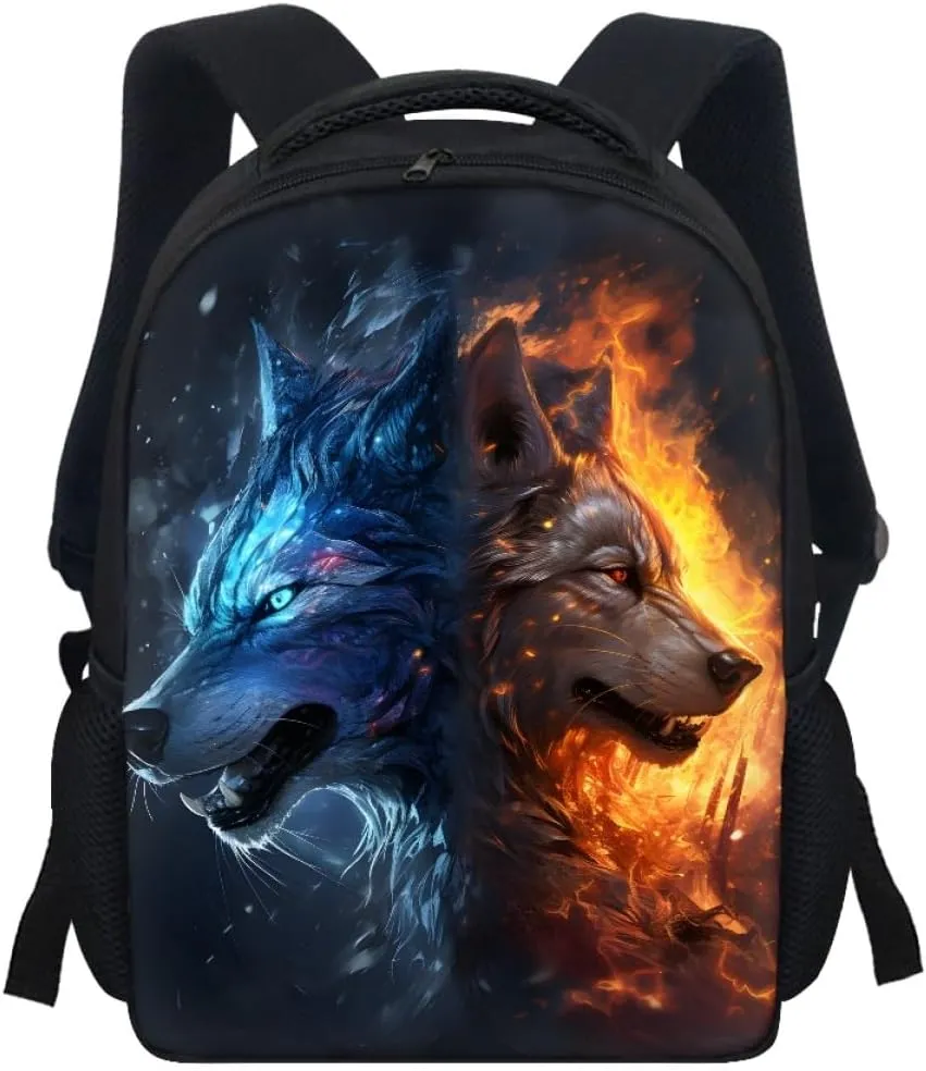 JooMeryer Kids Animal Backpack Cool Wolf Fox Print Shoulder Bag for Boys Girls Teenager Casual Rucksack Schoolbag, 12inch,Fire Ice Wolf