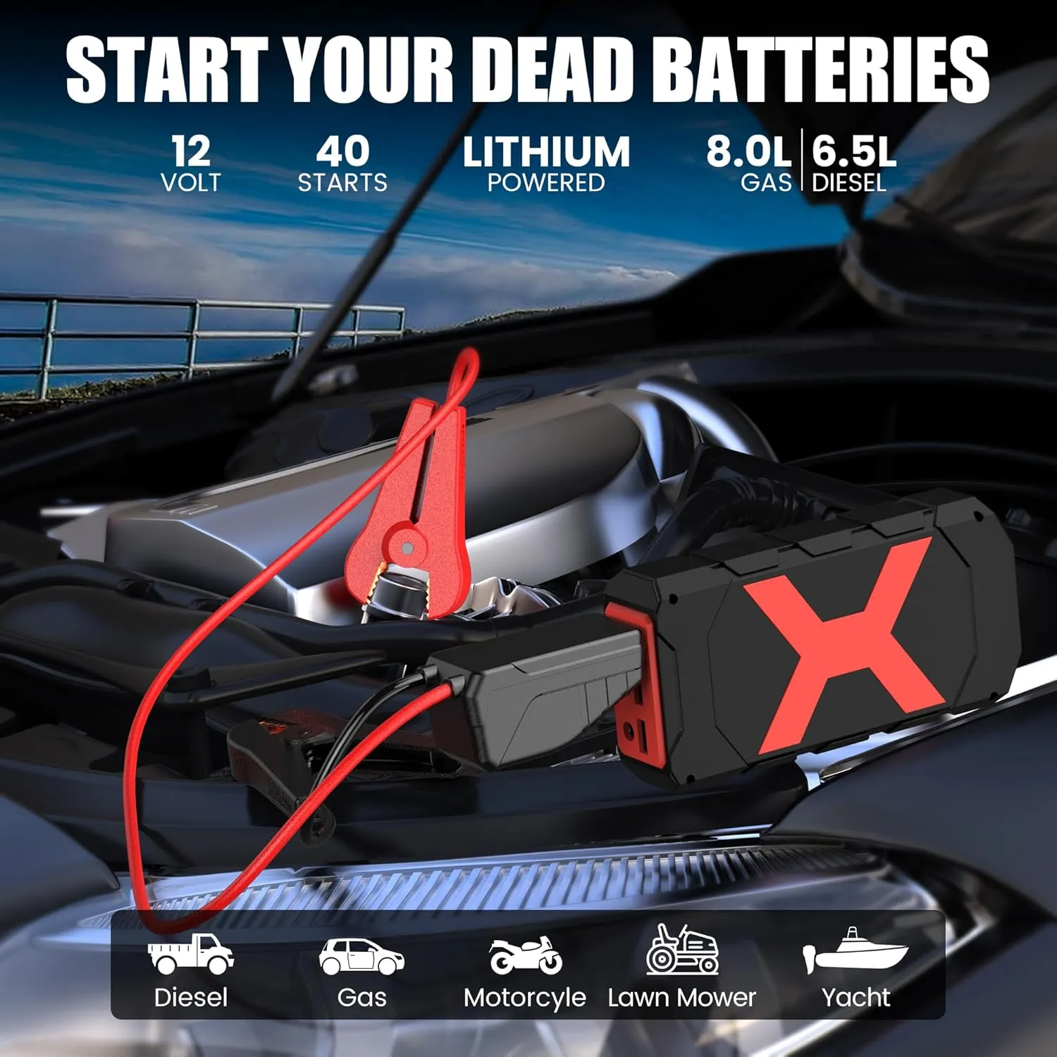 Jump Starter 2000A for Car/Boat/Lawnmower(8.0L Gas/6.5L Diesel Engine) 12V Car Battery Jump Starter Rechargeable Battery Jumper Starter Portable with Jump Cables/Wall Charger/USB Cable