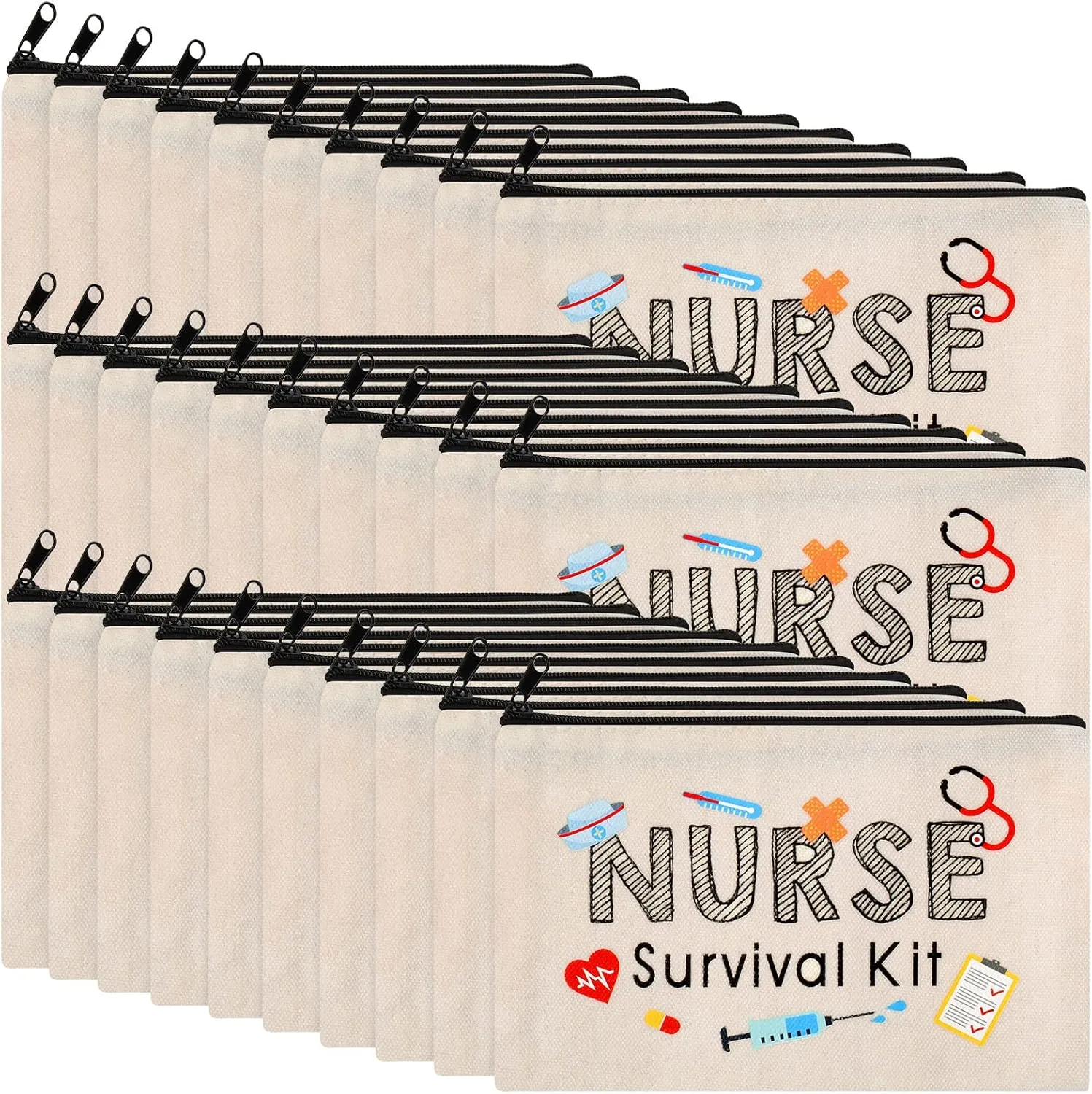 Kajaia 30 Pieces Nurse Makeup Bags Nurse Survival Kit Bag Nurse Gift for Women, Nurse Practitioner, Nursing Student, Nurses Week Gifts Funny Travel Cosmetic Bag Mini Multi Purpose Toiletry Bag(Beige)