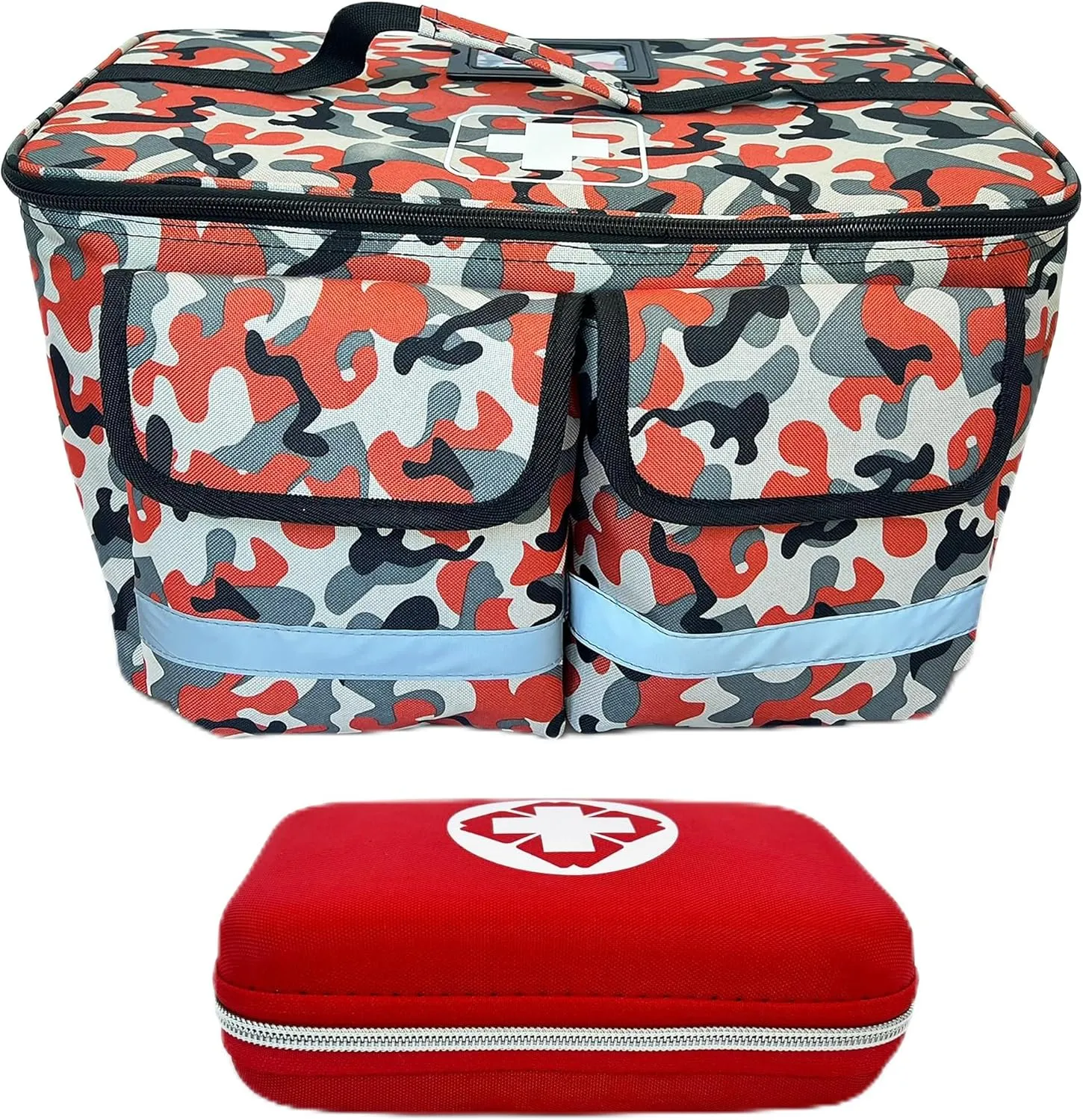 Kamo's Market Waterproof Organizer Bag   18 Pc First Aid Starter Kit – Red Camo Travel Pouch for Car, Diaper Bag, Coaches & Everyday Emergencies – Durable Polyester EMS-Style Bag