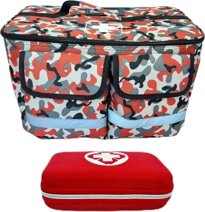 Kamo's Market Waterproof Organizer Bag   18 Pc First Aid Starter Kit – Red Camo Travel Pouch for Car, Diaper Bag, Coaches & Everyday Emergencies – Durable Polyester EMS-Style Bag