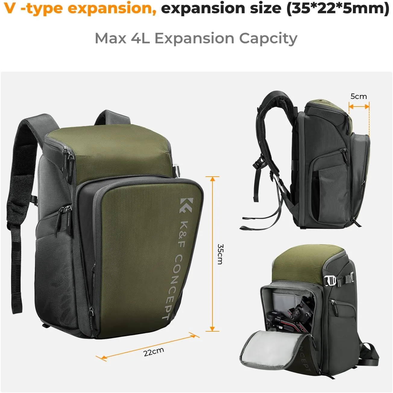K&F Concept Camera bags Waterproof 25L Large Capacity Camera Case with Raincover Camera Case 15.6 Inch Laptop Compartment Compatible for Canon/Nikon/Sony/DJI Mavic Drone Travel Camera Backpack