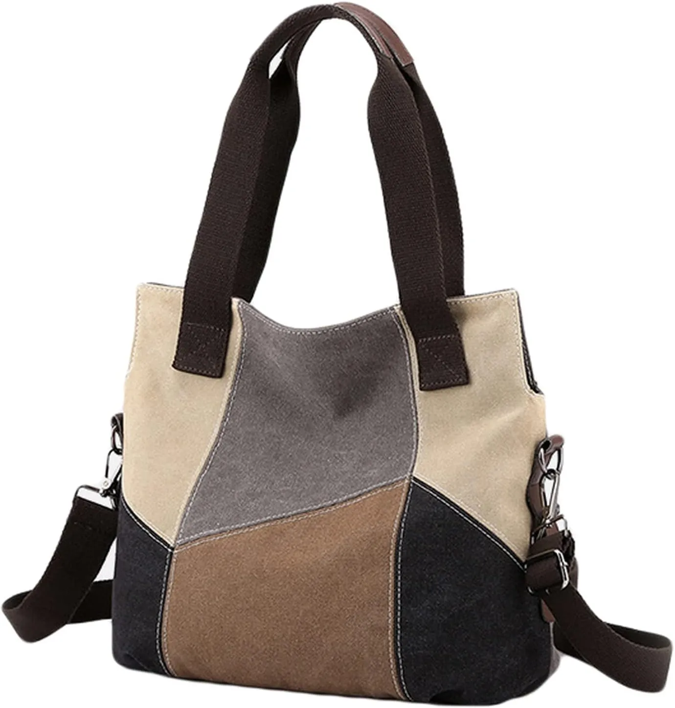KATAKURI Women's Vinage Color Block Bulk Washable Canvas Tote Bag with Handles, Crossbody Strap, Daily Essentials Handbag