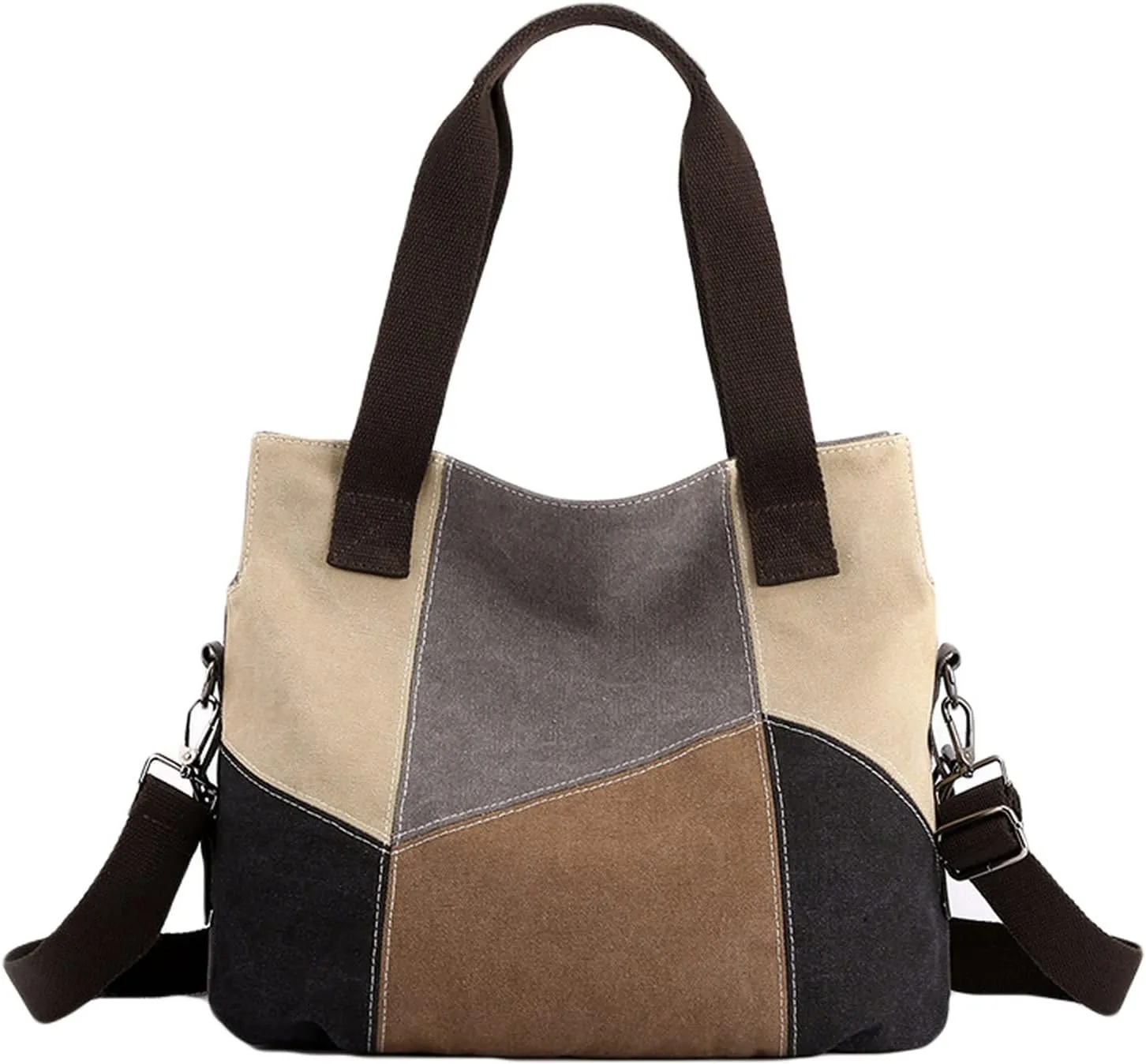 KATAKURI Women's Vinage Color Block Bulk Washable Canvas Tote Bag with Handles, Crossbody Strap, Daily Essentials Handbag