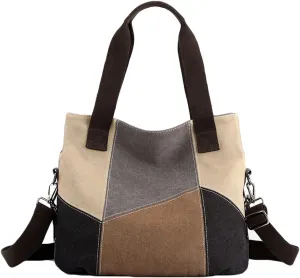 KATAKURI Women's Vinage Color Block Bulk Washable Canvas Tote Bag with Handles, Crossbody Strap, Daily Essentials Handbag