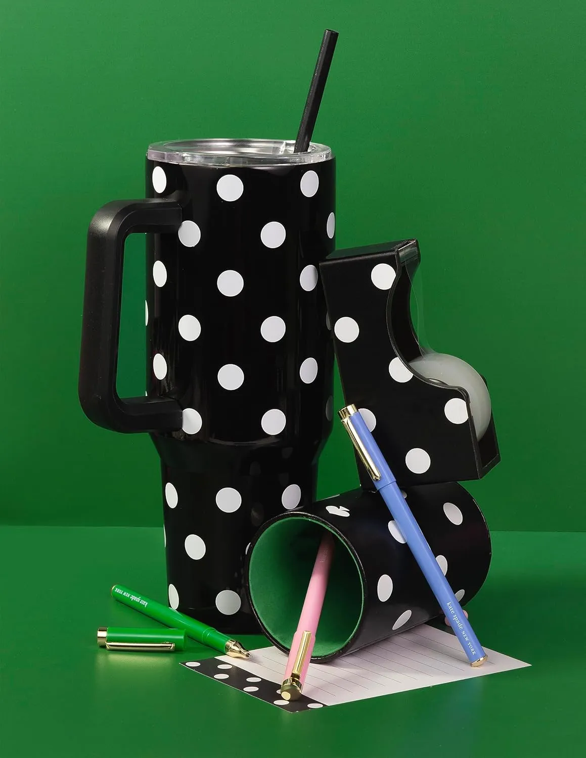 kate spade new york 40 Ounce Tumbler with Handle and Straw, Double Wall Stainless Steel Insulated Tumbler, Cupholder Friendly 40 oz Cup, Black Metal Tumbler for Hot or Cold Drinks, Picture Dot