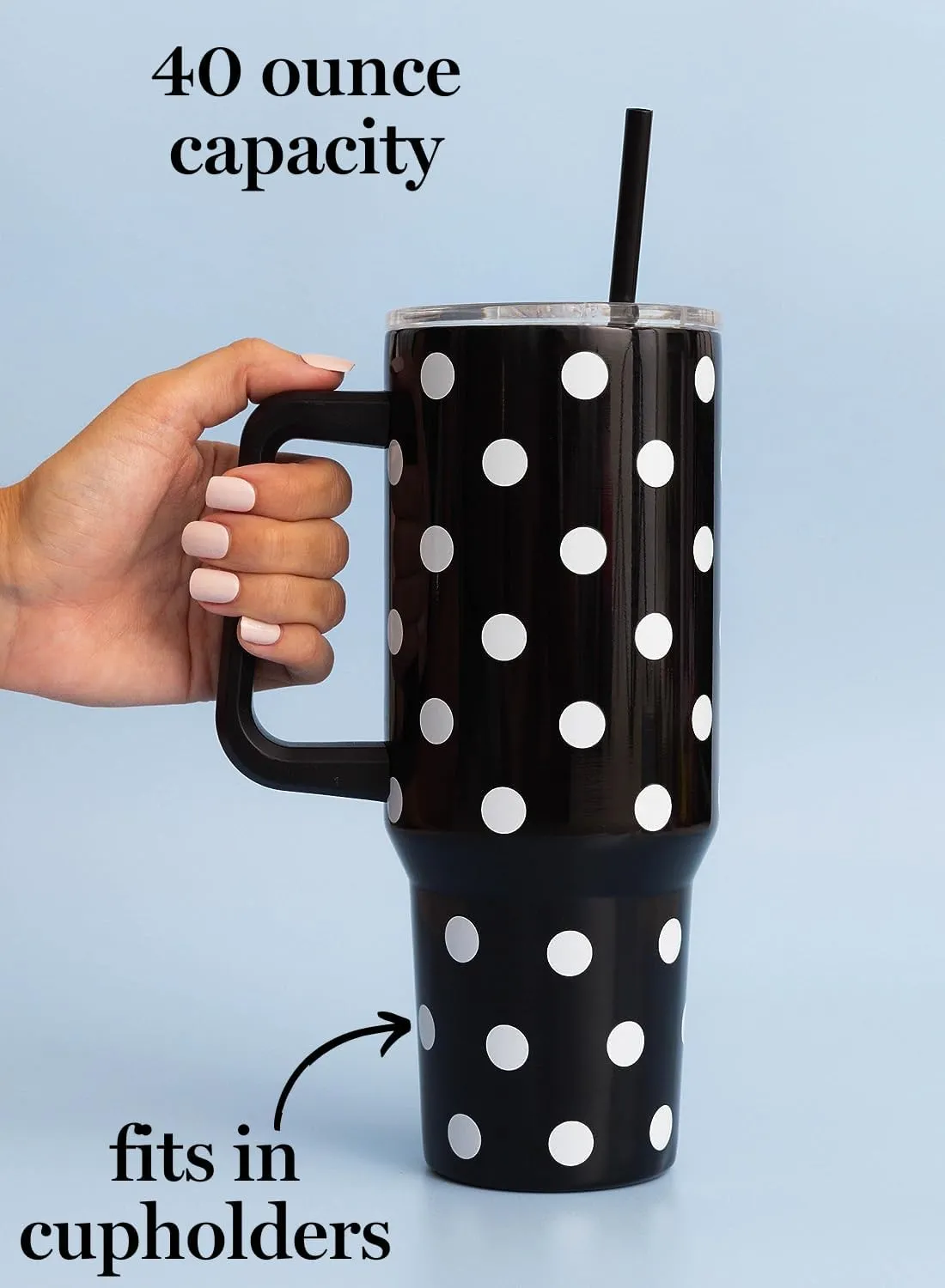 kate spade new york 40 Ounce Tumbler with Handle and Straw, Double Wall Stainless Steel Insulated Tumbler, Cupholder Friendly 40 oz Cup, Black Metal Tumbler for Hot or Cold Drinks, Picture Dot