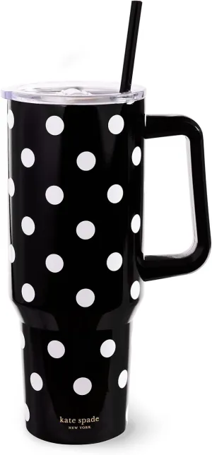 kate spade new york 40 Ounce Tumbler with Handle and Straw, Double Wall Stainless Steel Insulated Tumbler, Cupholder Friendly 40 oz Cup, Black Metal Tumbler for Hot or Cold Drinks, Picture Dot