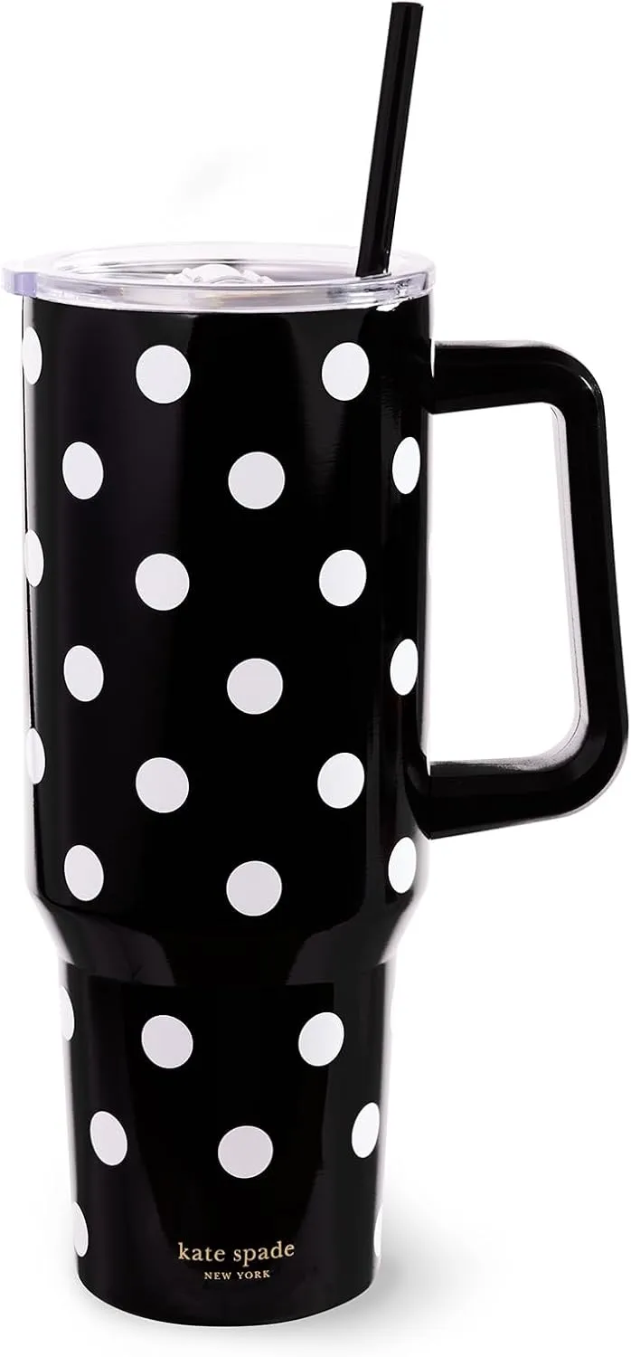 kate spade new york 40 Ounce Tumbler with Handle and Straw, Double Wall Stainless Steel Insulated Tumbler, Cupholder Friendly 40 oz Cup, Black Metal Tumbler for Hot or Cold Drinks, Picture Dot