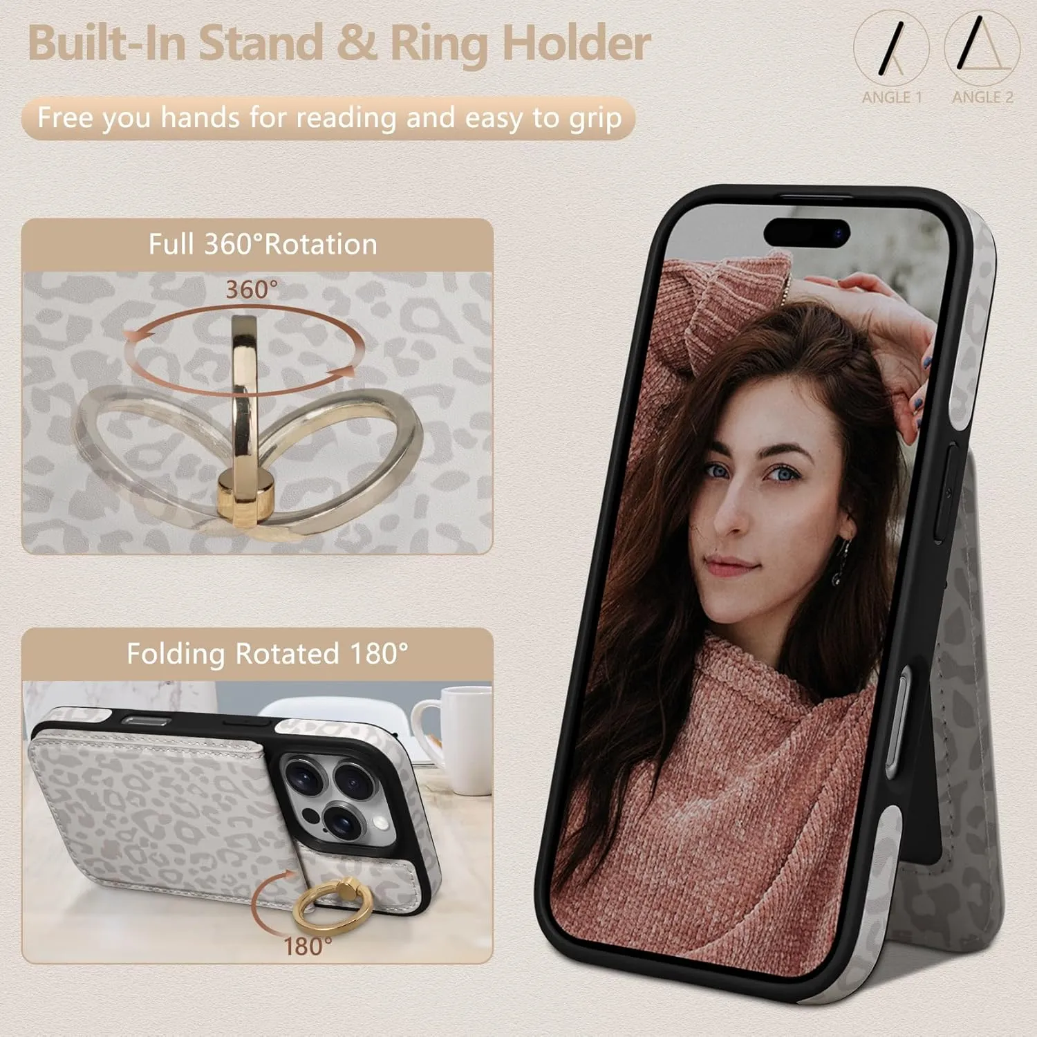 Keallce Case for iPhone 16 Pro 6.3'', Detachable Crossbody Case Wallet with RFID Blocking Card Holder, 360?Ring Stand, Leather Phone Cover Lanyard Strap Lady for iPhone 16 Pro 2024 5G, White Leopard