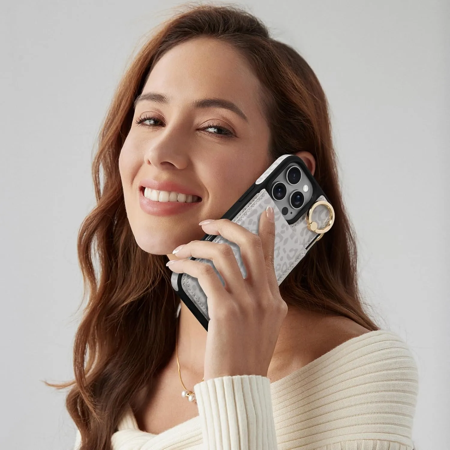 Keallce Case for iPhone 16 Pro 6.3'', Detachable Crossbody Case Wallet with RFID Blocking Card Holder, 360?Ring Stand, Leather Phone Cover Lanyard Strap Lady for iPhone 16 Pro 2024 5G, White Leopard