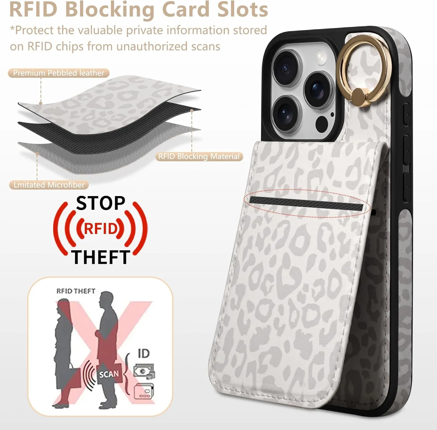 Keallce Case for iPhone 16 Pro 6.3'', Detachable Crossbody Case Wallet with RFID Blocking Card Holder, 360?Ring Stand, Leather Phone Cover Lanyard Strap Lady for iPhone 16 Pro 2024 5G, White Leopard