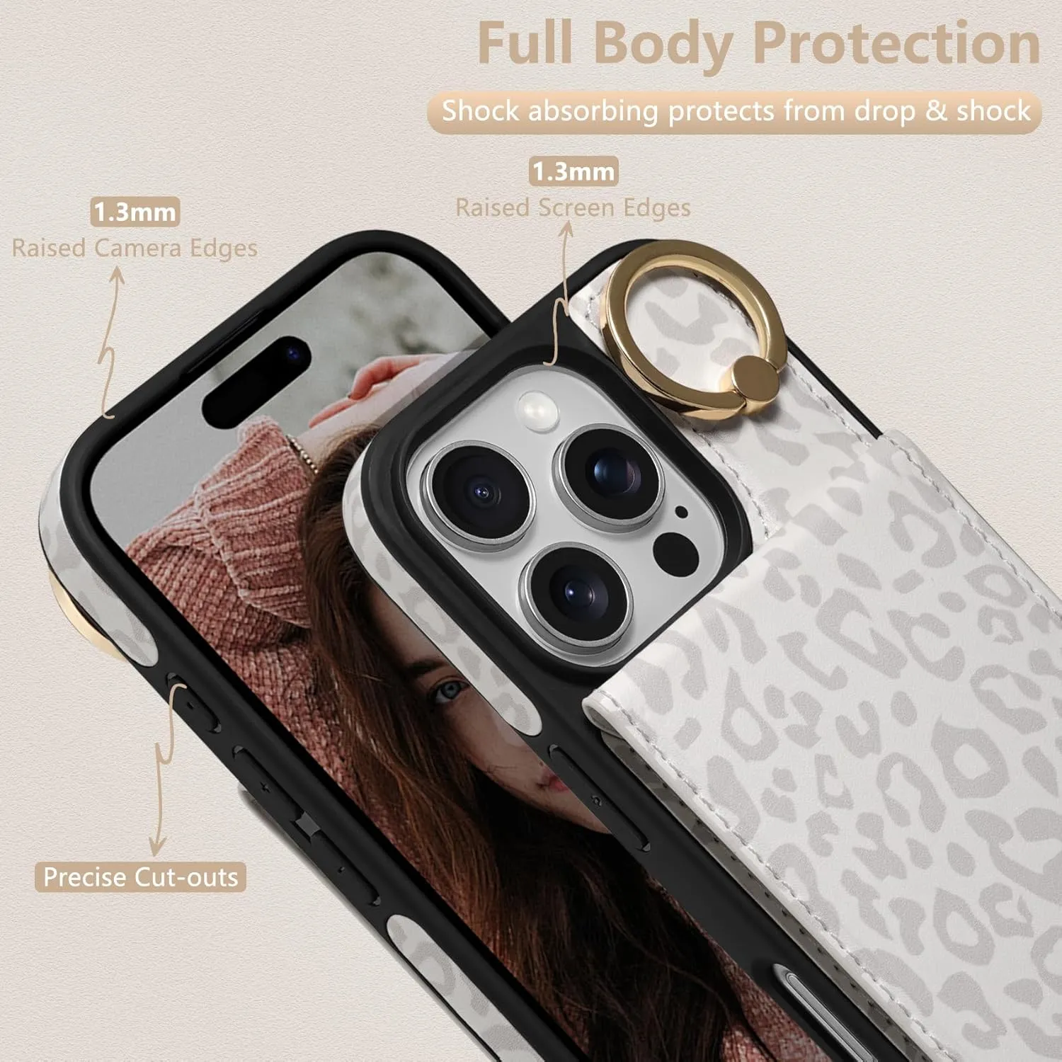 Keallce Case for iPhone 16 Pro 6.3'', Detachable Crossbody Case Wallet with RFID Blocking Card Holder, 360?Ring Stand, Leather Phone Cover Lanyard Strap Lady for iPhone 16 Pro 2024 5G, White Leopard