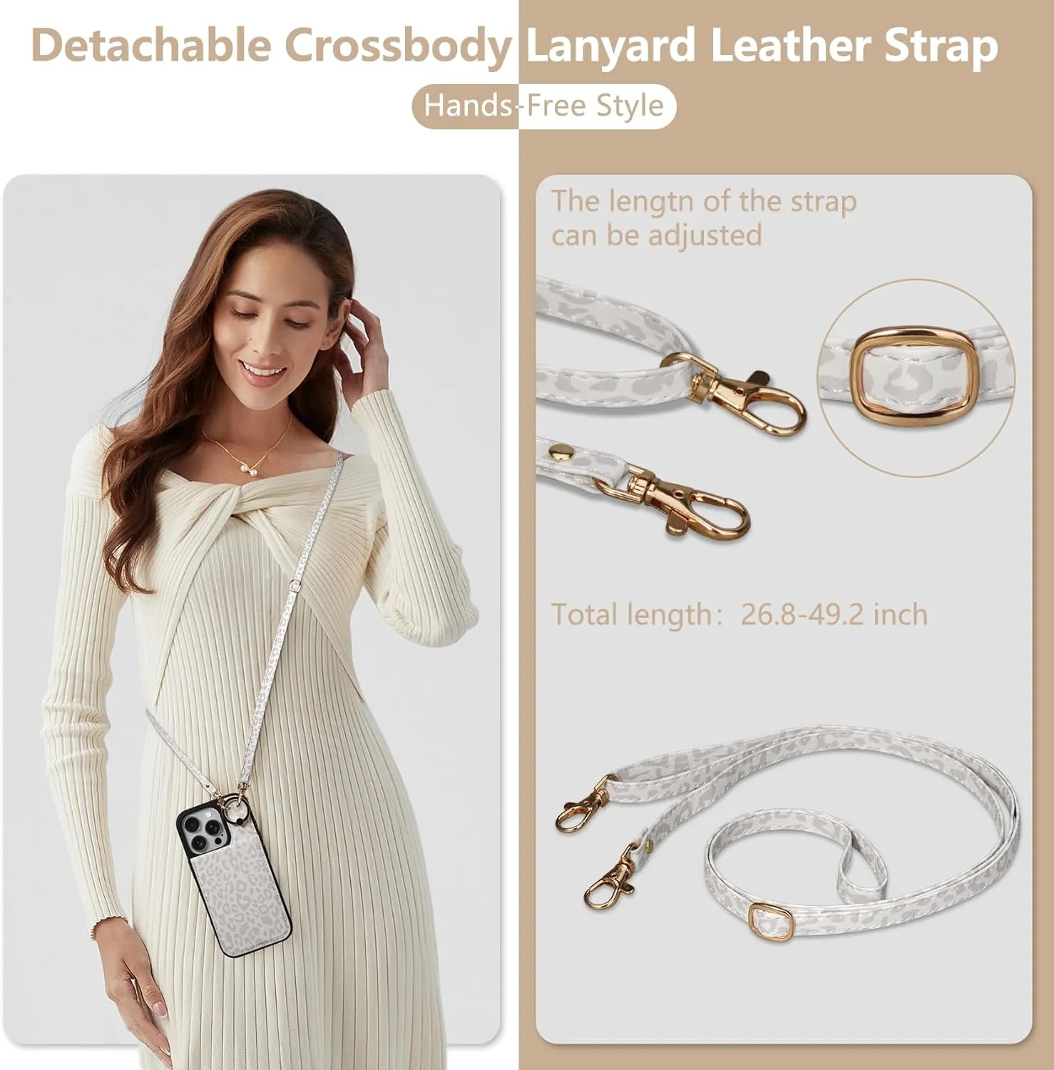 Keallce Case for iPhone 16 Pro 6.3'', Detachable Crossbody Case Wallet with RFID Blocking Card Holder, 360?Ring Stand, Leather Phone Cover Lanyard Strap Lady for iPhone 16 Pro 2024 5G, White Leopard