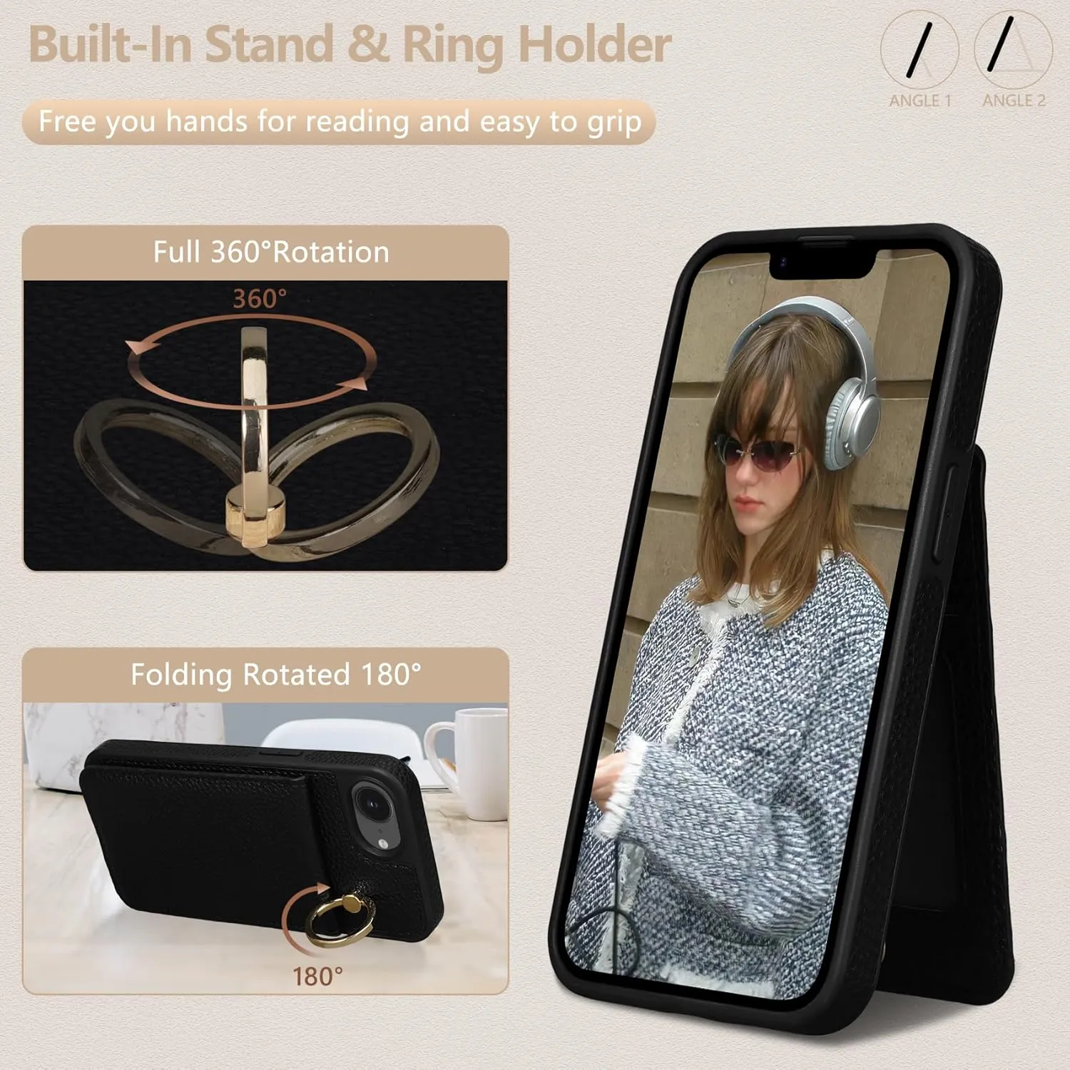 Keallce Case for iPhone 16e 6.1'', Detachable Crossbody Case Wallet with RFID Blocking Card Holder, 360ｰRing Stand, Folio Leather Phone Cover Shoulder Lanyard Strap Lady for iPhone 16e 2025, Black