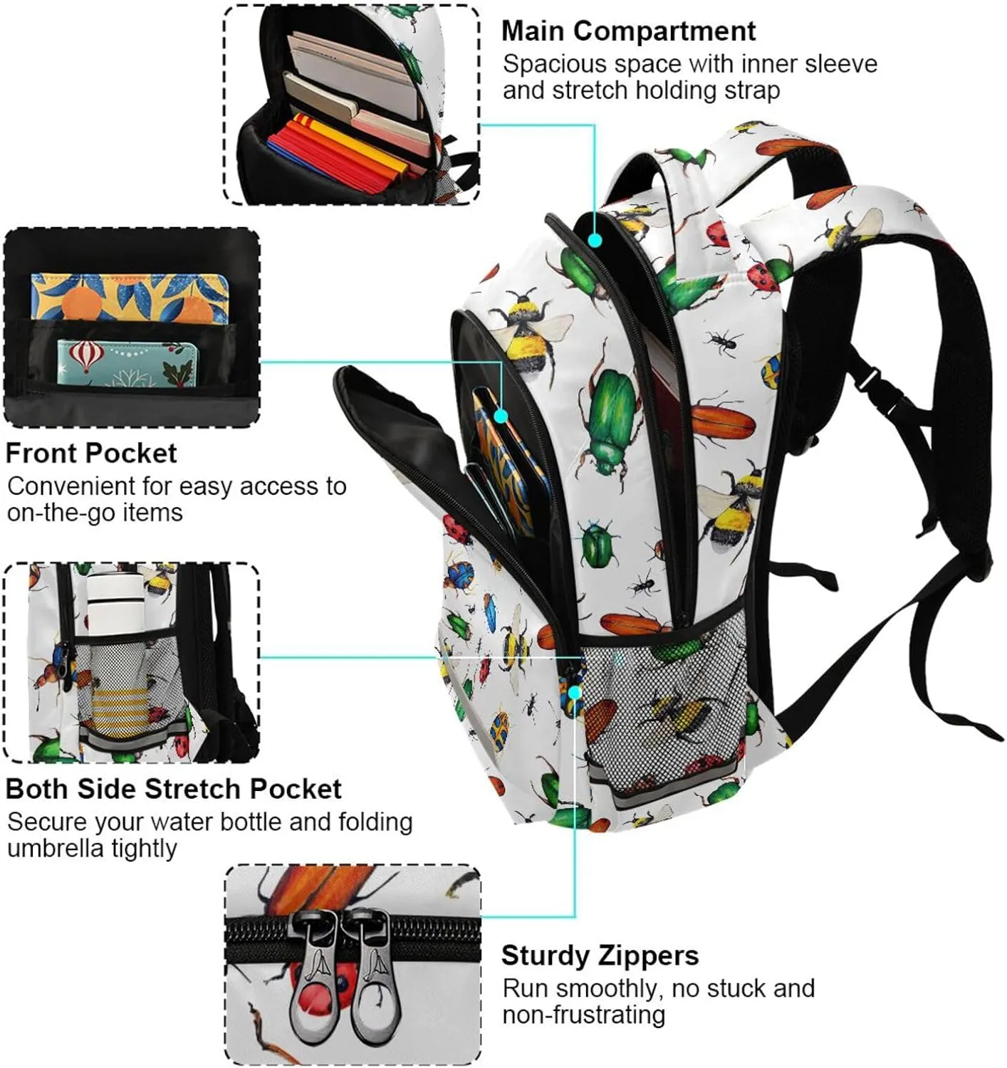 Kids Backpack for Boys Girls Bookbags Bugs School Backpack Elementary Bags Travel Daypack Lightweight Waterproof with Reflective Strip