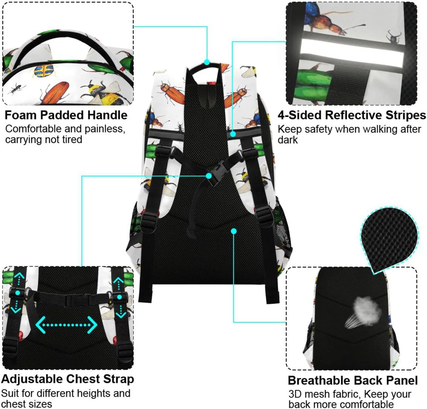Kids Backpack for Boys Girls Bookbags Bugs School Backpack Elementary Bags Travel Daypack Lightweight Waterproof with Reflective Strip