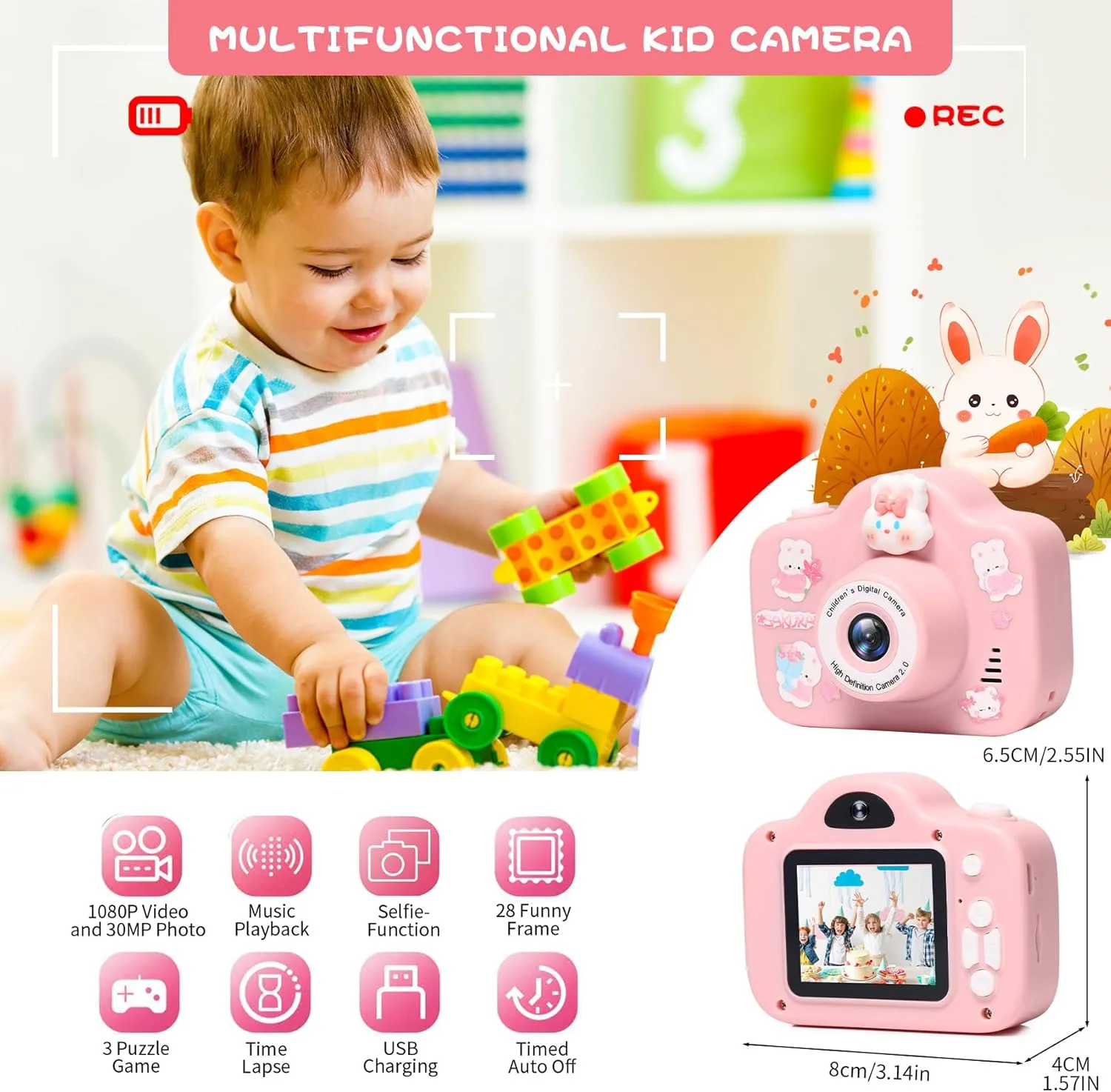 Kids Camera, Christmas Birthday Gifts for Children Age 3-8, HD Digital Video Cameras for Children, Portable Toy for 3 4 5 6 7 8 Year Old Kid with 32GB SD Card and Cute Children's Camera Bag (Pink)