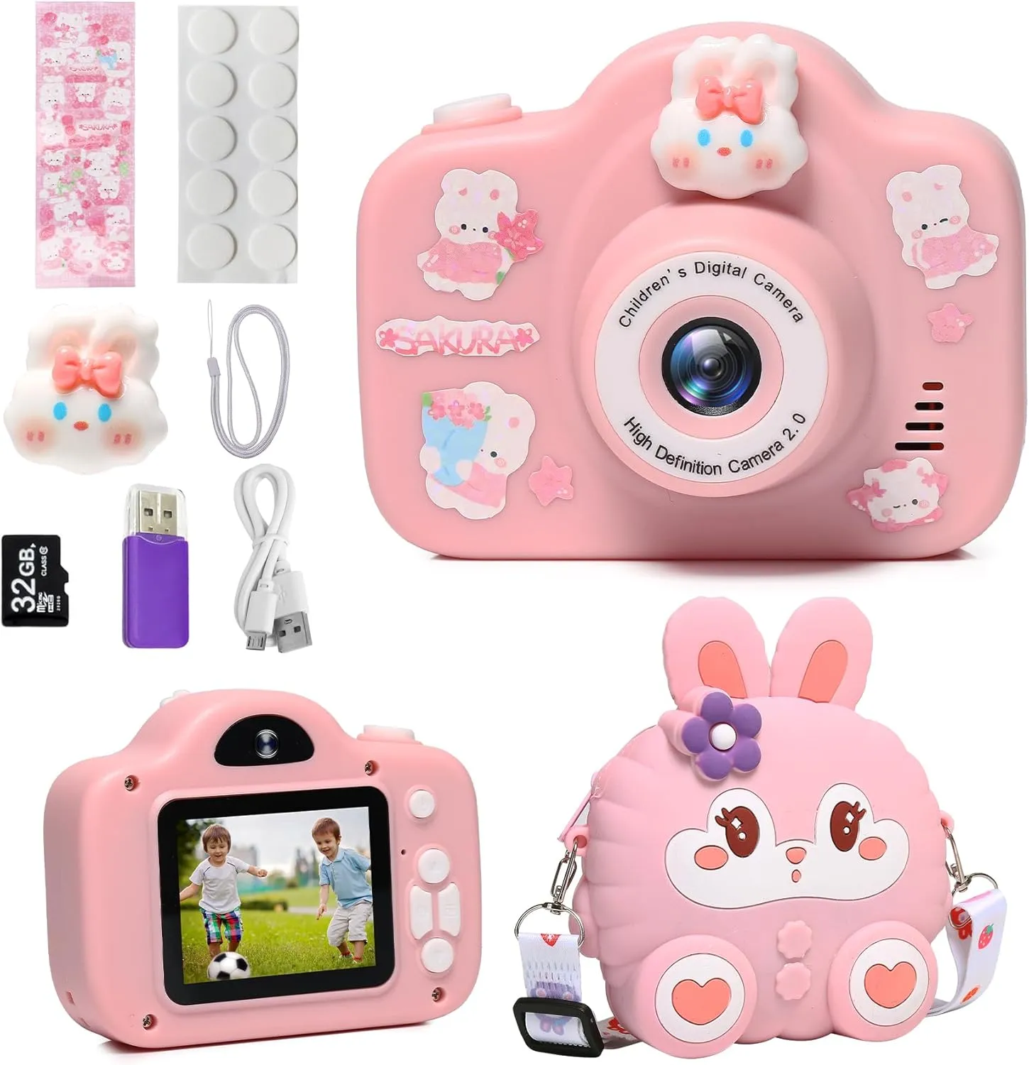 Kids Camera, Christmas Birthday Gifts for Children Age 3-8, HD Digital Video Cameras for Children, Portable Toy for 3 4 5 6 7 8 Year Old Kid with 32GB SD Card and Cute Children's Camera Bag (Pink)
