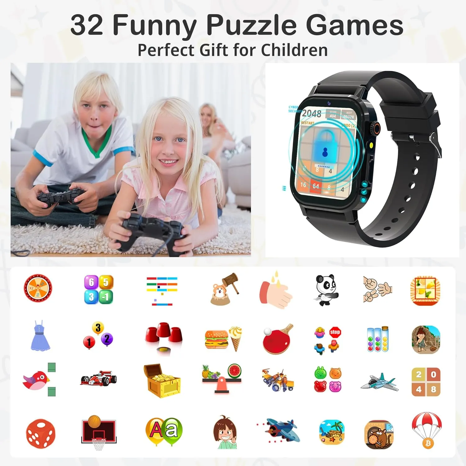 Kids Smart Watch Boys with 32 Puzzle Games, Watch for kids Age 5-12, 12/24 Hr Camera HD Touch Screen Learn Cards Video Music Player Alarm Pedometer Audiobook Flashlight Educational Toys Birthday Gifts