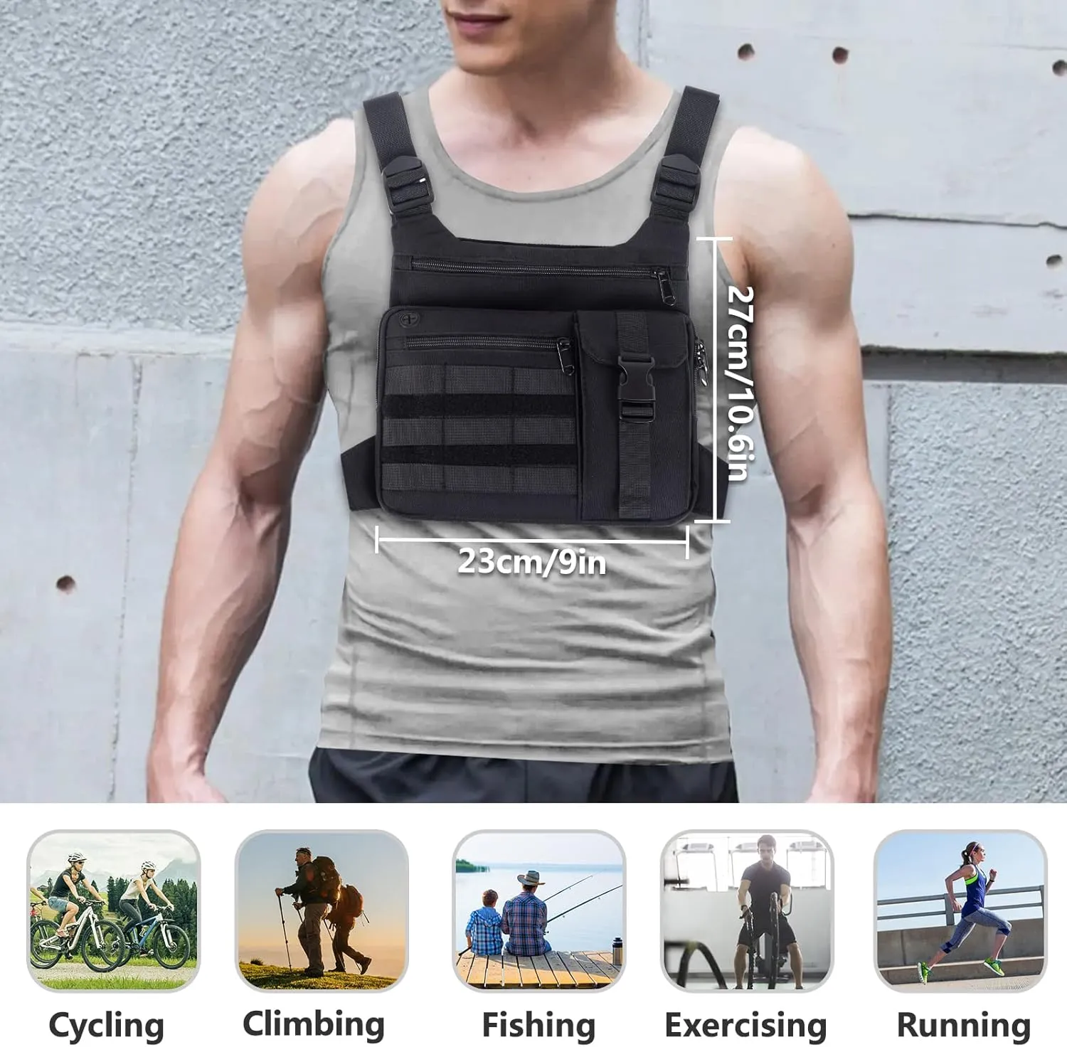 KINGSLONG Tactical Chest Bag, Lightweight Running Chest Pack, Water Resistant, Phone Holder, Running Backpack for Men Women