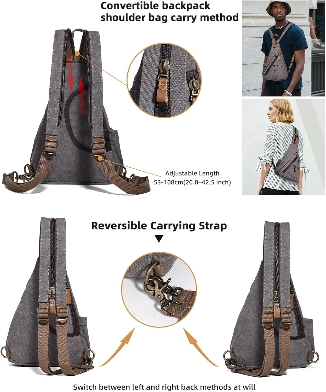 KL928 Canvas Sling Bag - Small Crossbody Backpack Shoulder Casual Daypack Rucksack for Men Women(Small Version)