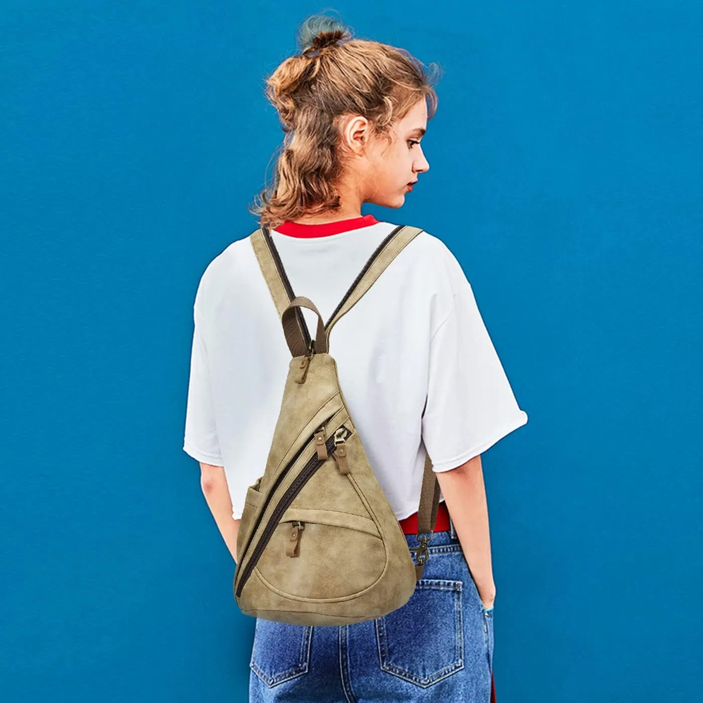 KL928 PU Leather Sling Bag - Small Crossbody Backpack Shoulder Casual Daypack Rucksack for Men Women