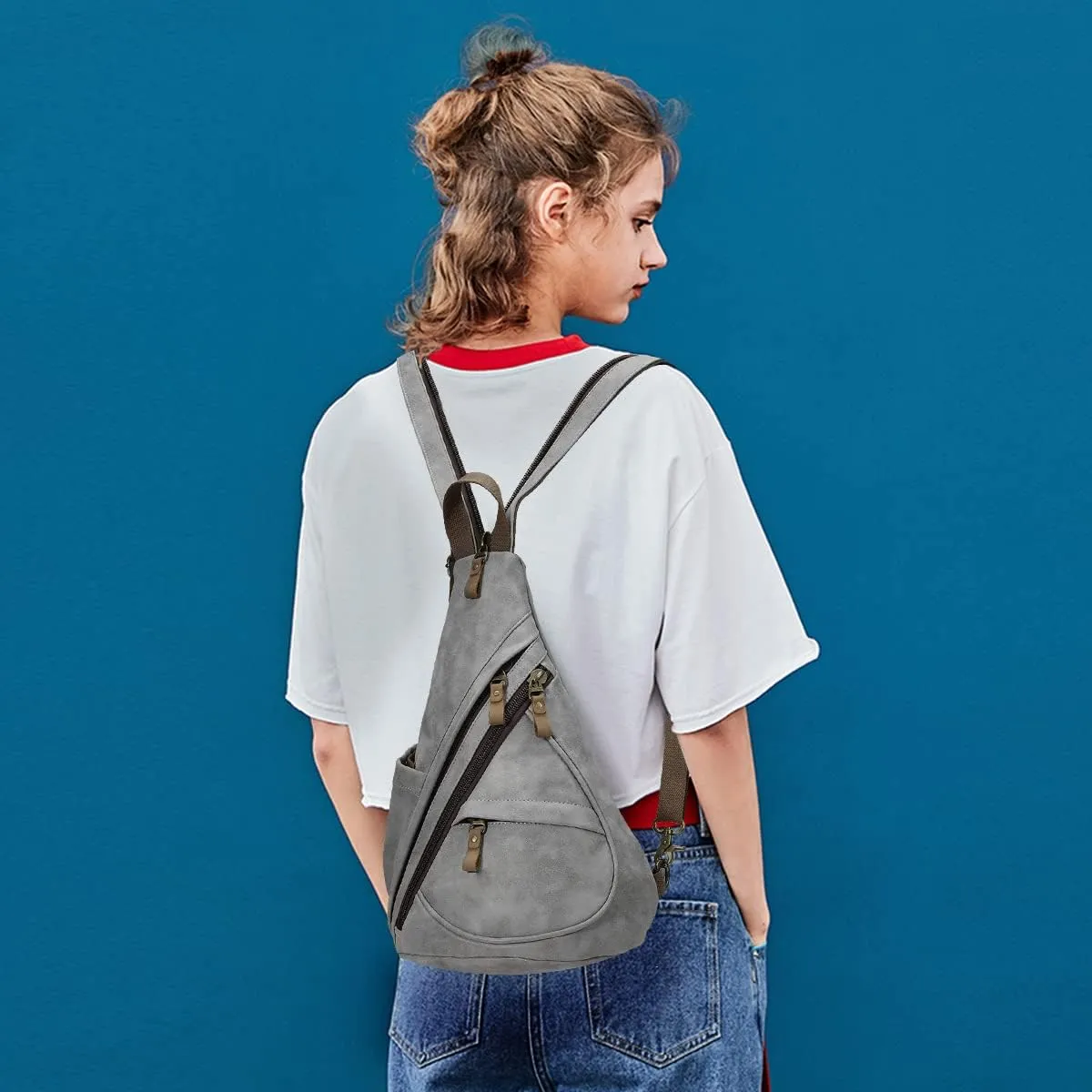 KL928 PU Leather Sling Bag - Small Crossbody Backpack Shoulder Casual Daypack Rucksack for Men Women