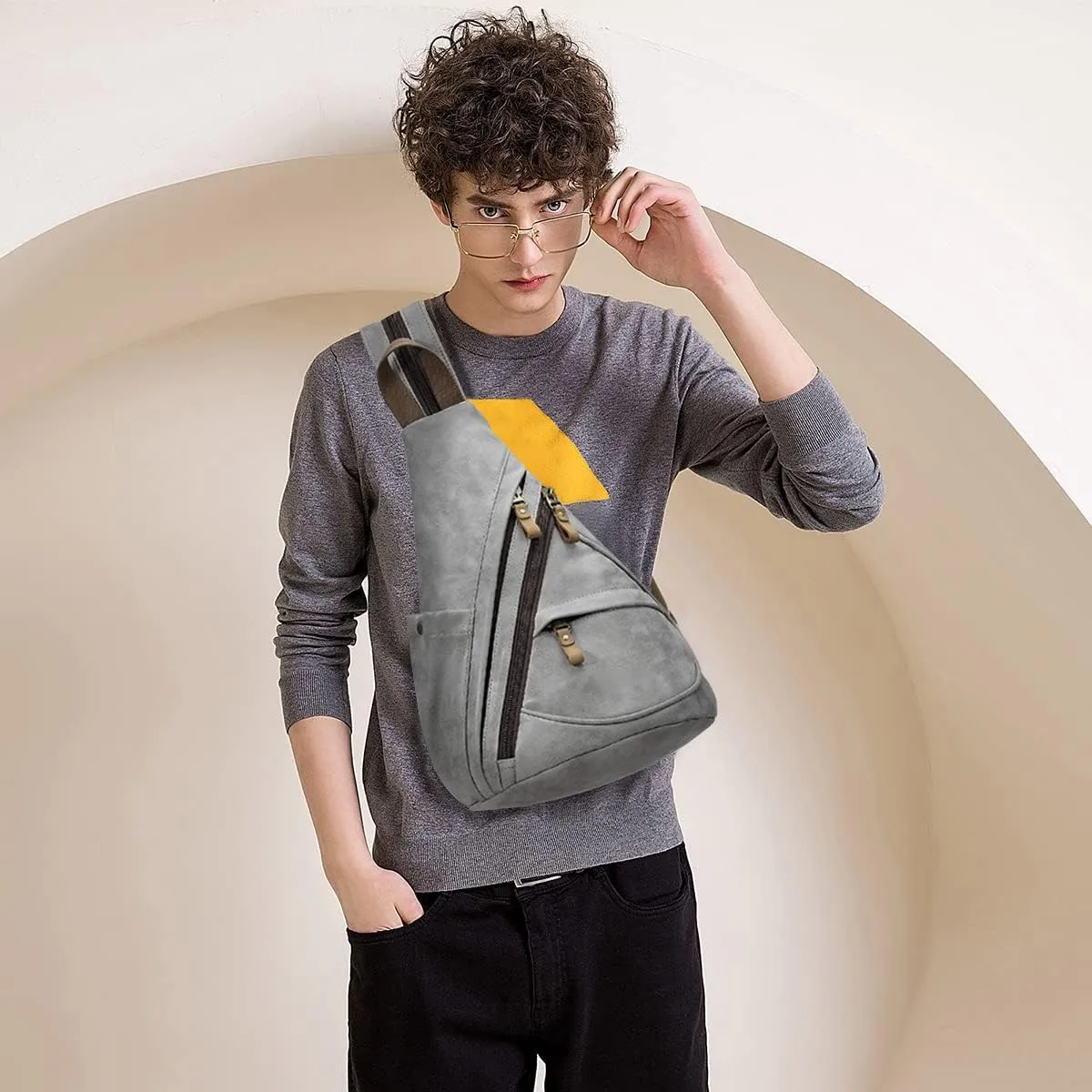 KL928 PU Leather Sling Bag - Small Crossbody Backpack Shoulder Casual Daypack Rucksack for Men Women