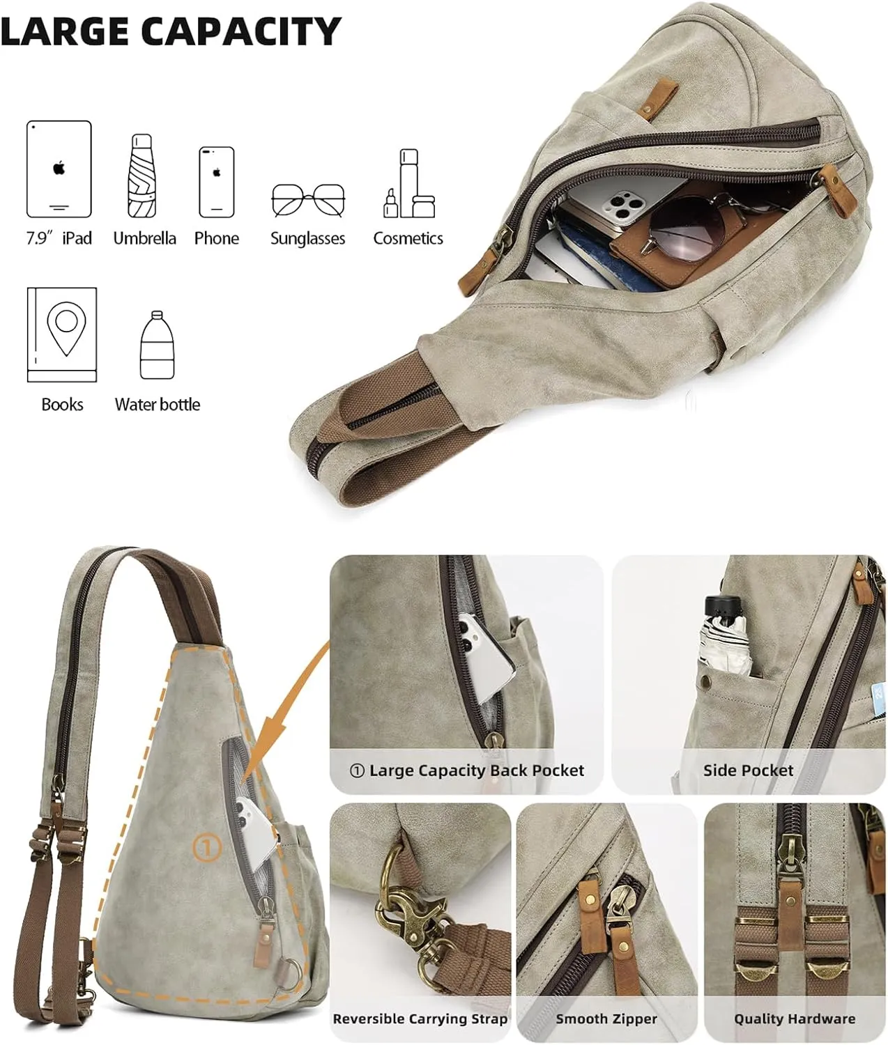 KL928 PU Leather Sling Bag - Small Crossbody Backpack Shoulder Casual Daypack Rucksack for Men Women