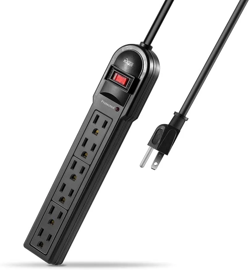 KMC 6-Outlet Surge Protector Power Strip 2-Pack, 900 Joules, 4-Foot Extension Cord, Overload Protection, Black