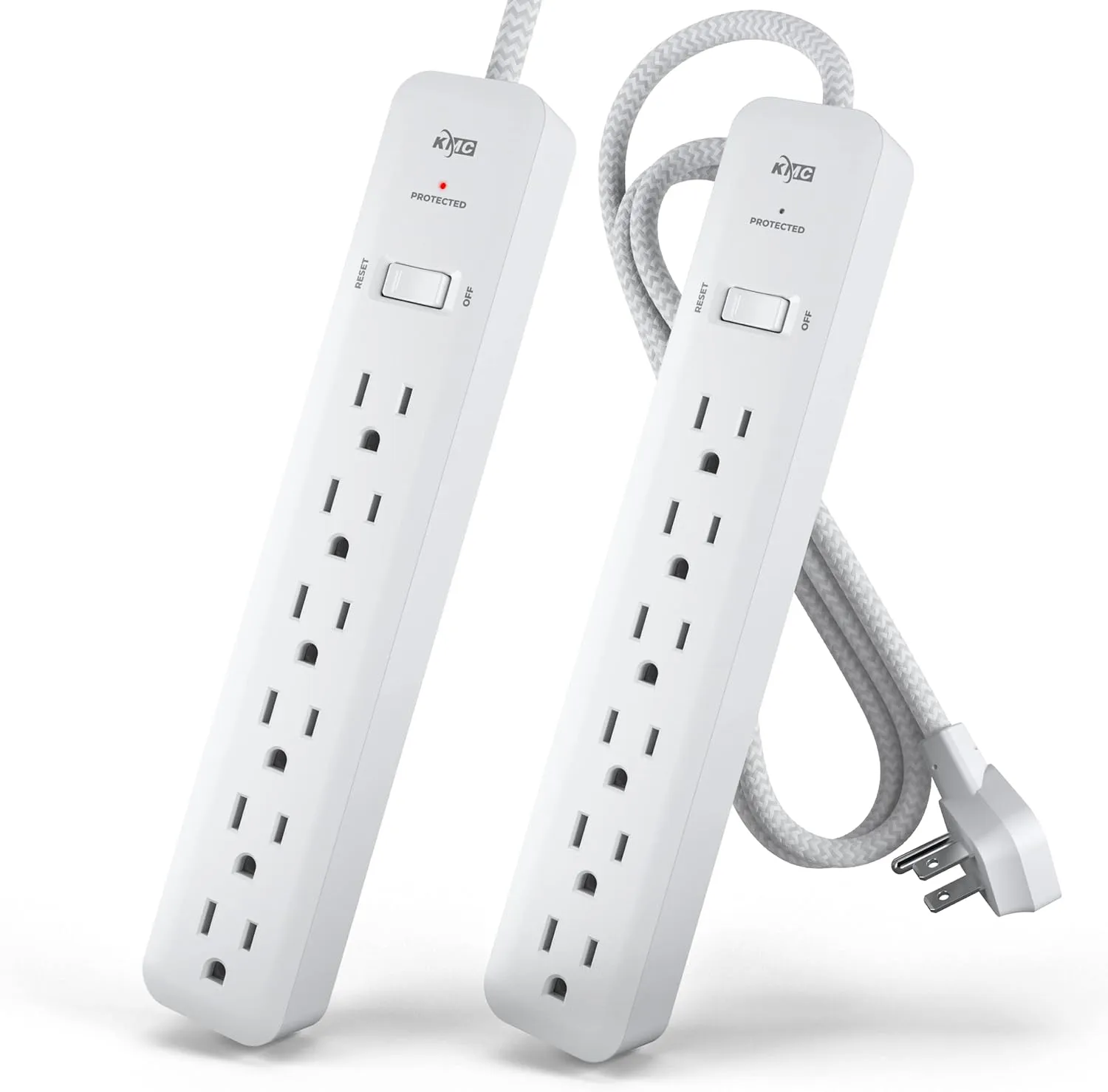KMC 6-Outlet Surge Protector Power Strip 4 ft cord 2-Pack, 1080J Power Surge Protector, 4-Foot Long Braided Extension Cord with Multiple Outlets, Power Strip Surge Protector, 6 Power Outlet, Flat Plug