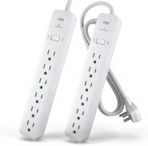 KMC 6-Outlet Surge Protector Power Strip 4 ft cord 2-Pack, 1080J Power Surge Protector, 4-Foot Long Braided Extension Cord with Multiple Outlets, Power Strip Surge Protector, 6 Power Outlet, Flat Plug