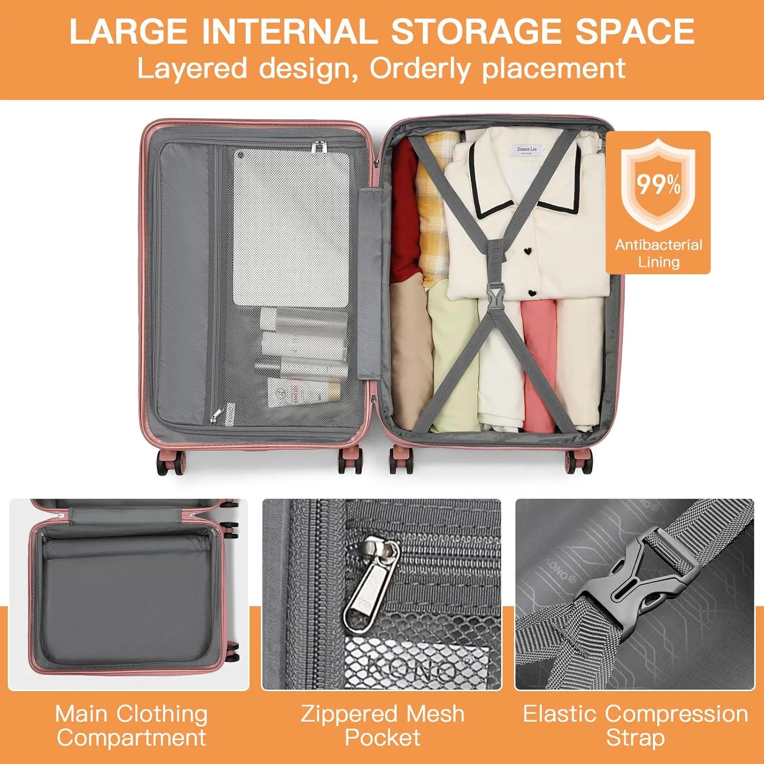 Kono 28 Inch Expandable Luggage with Spinner Wheels & TSA Lock, Scratch and Drop Resistant ABS & PC Hardside Large Checked Suitcase (Nude/Rose Gold)