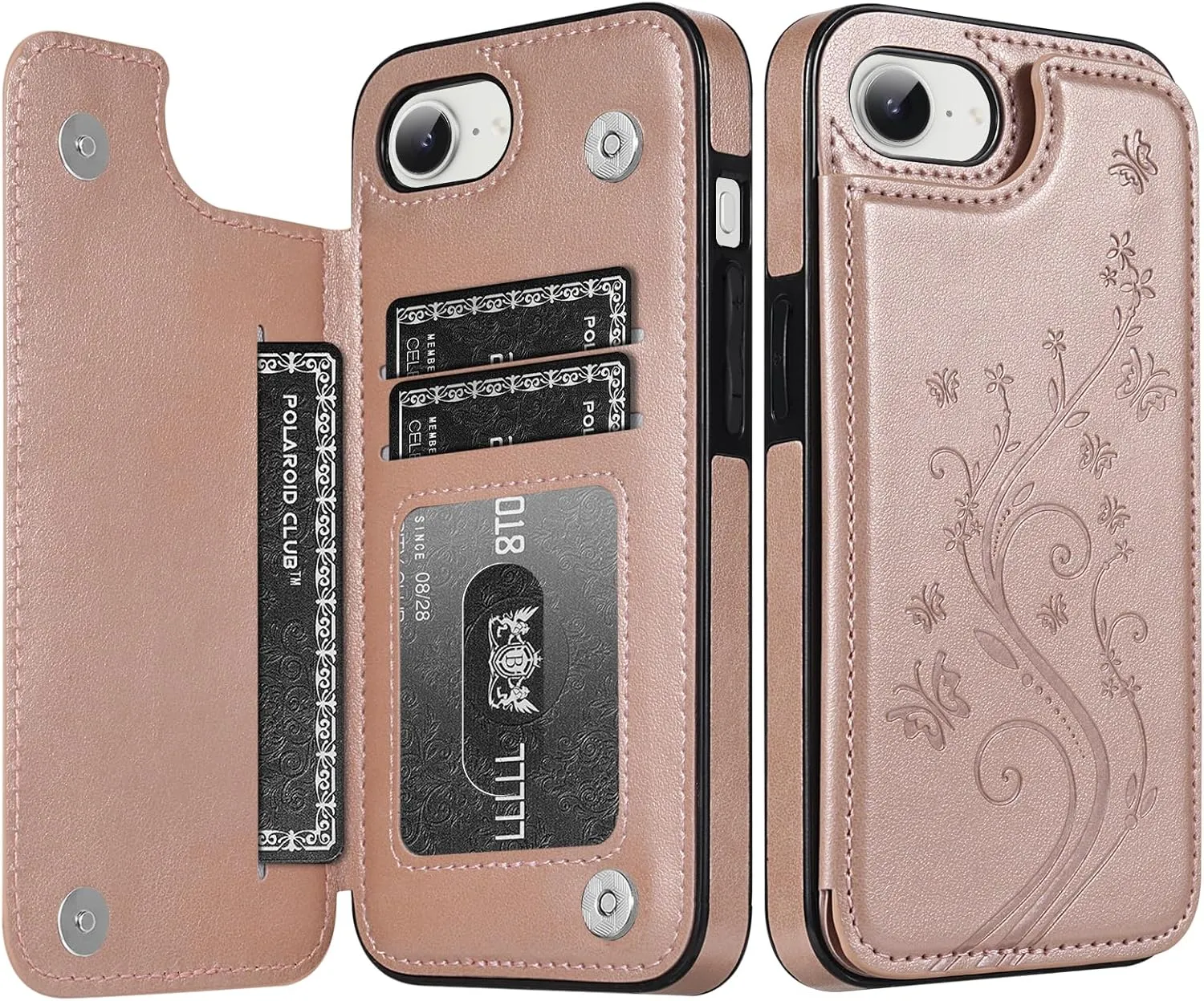 Korecase for iPhone 16E Wallet Case with Credit Card Slots,for iPhone 16e 2025 Premium Embossed Butterfly Flower Case,Back Flip Shockproof Protective Cover for Women -Rose Gold