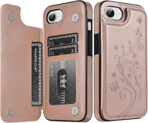 Korecase for iPhone 16E Wallet Case with Credit Card Slots,for iPhone 16e 2025 Premium Embossed Butterfly Flower Case,Back Flip Shockproof Protective Cover for Women -Rose Gold