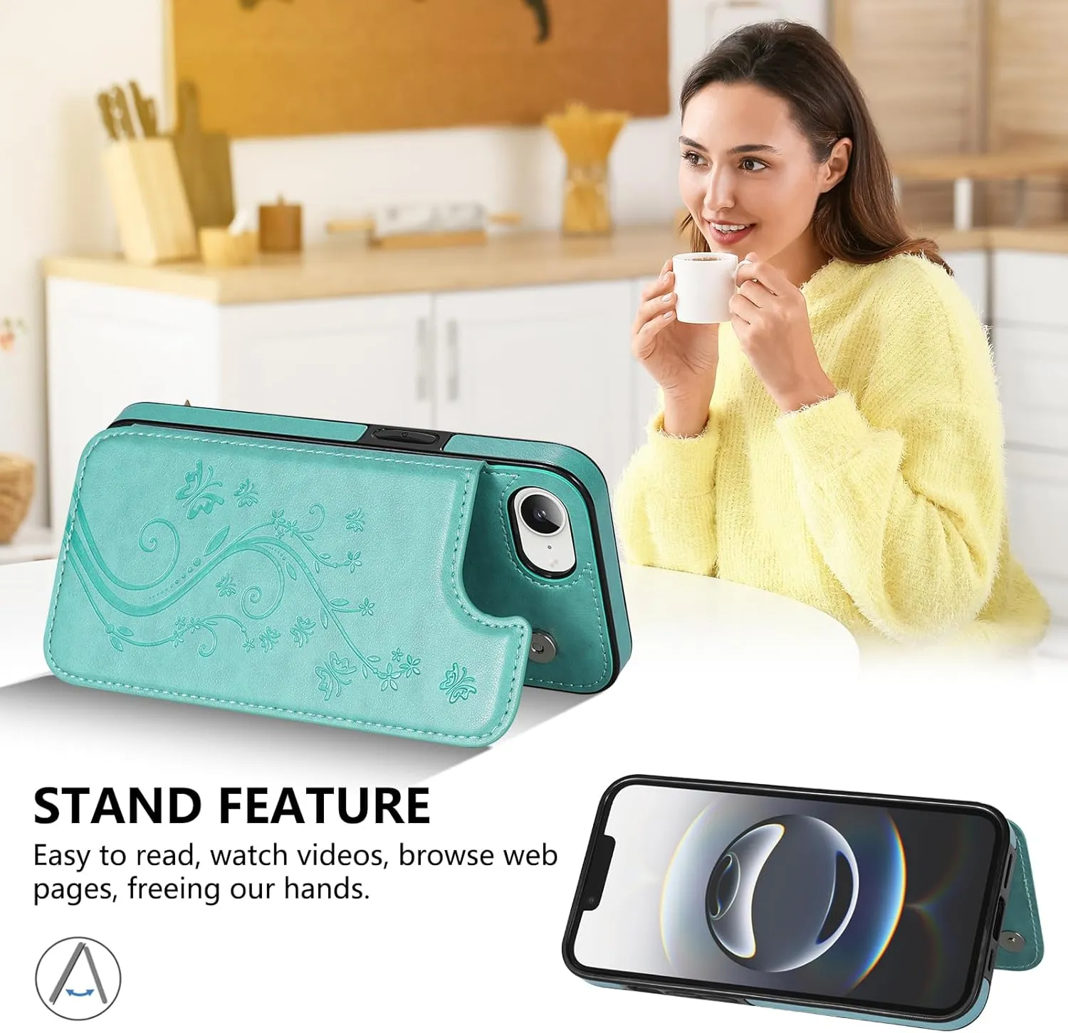 Korecase Wallet Case for iPhone 16E (2025) with Card Holder,Premium Embossed Butterfly Flower PU Leather,Back Flip Shockproof Protective Cover for iPhone 16e- Mint Green