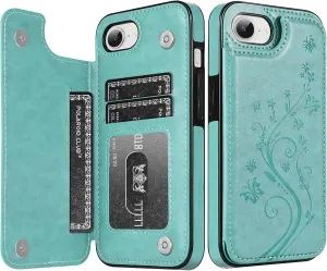 Korecase Wallet Case for iPhone 16E (2025) with Card Holder,Premium Embossed Butterfly Flower PU Leather,Back Flip Shockproof Protective Cover for iPhone 16e- Mint Green