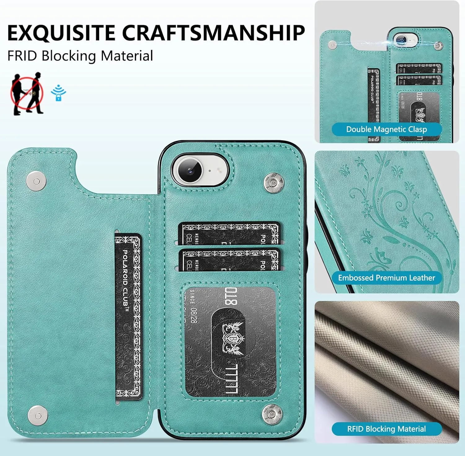 Korecase Wallet Case for iPhone 16E (2025) with Card Holder,Premium Embossed Butterfly Flower PU Leather,Back Flip Shockproof Protective Cover for iPhone 16e- Mint Green
