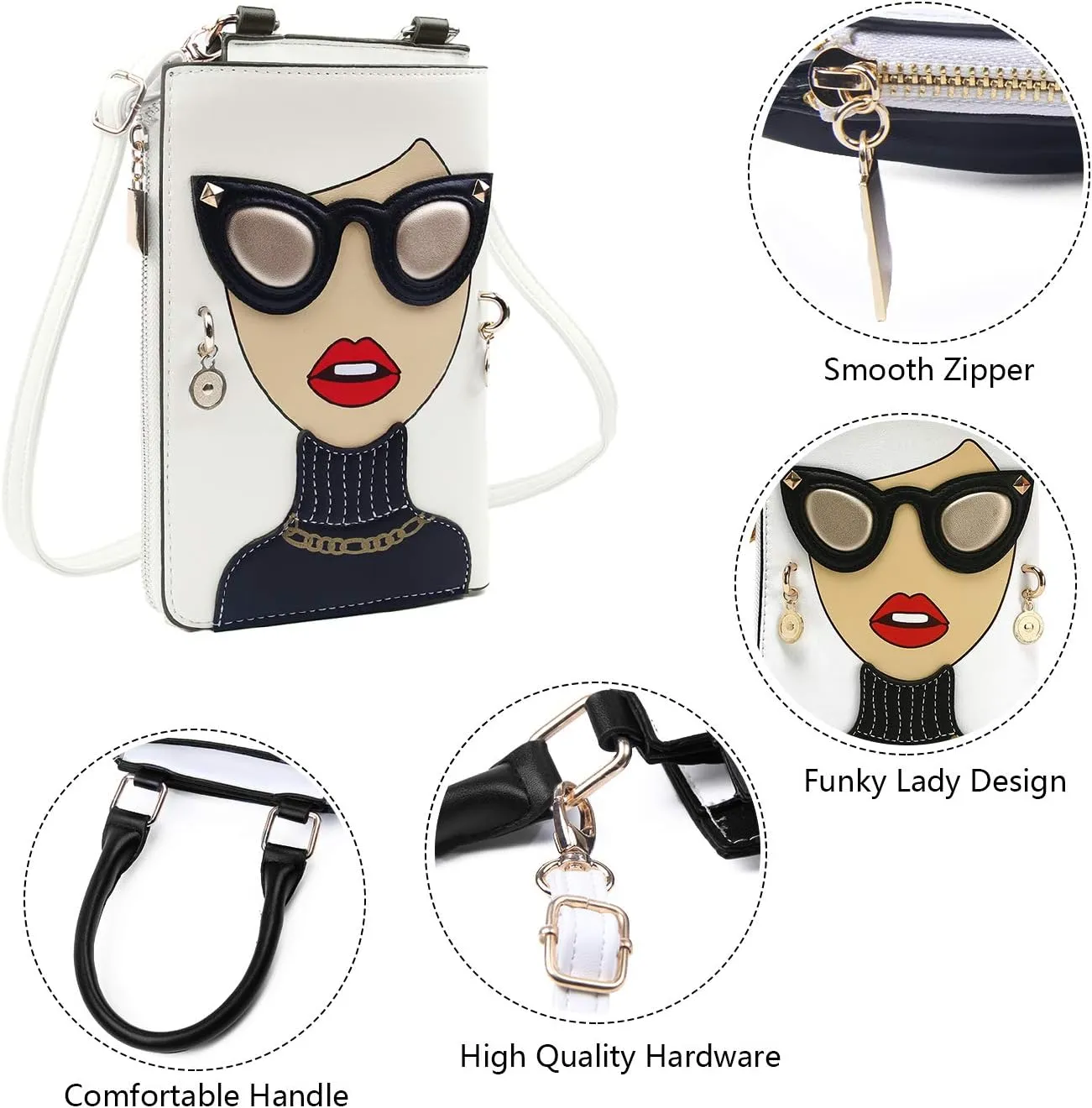 KUANG! Women Novelty Lady Face Shoulder Bags Funky PU Leather Top Handle Satchel Handbags Clutch Purse for Women