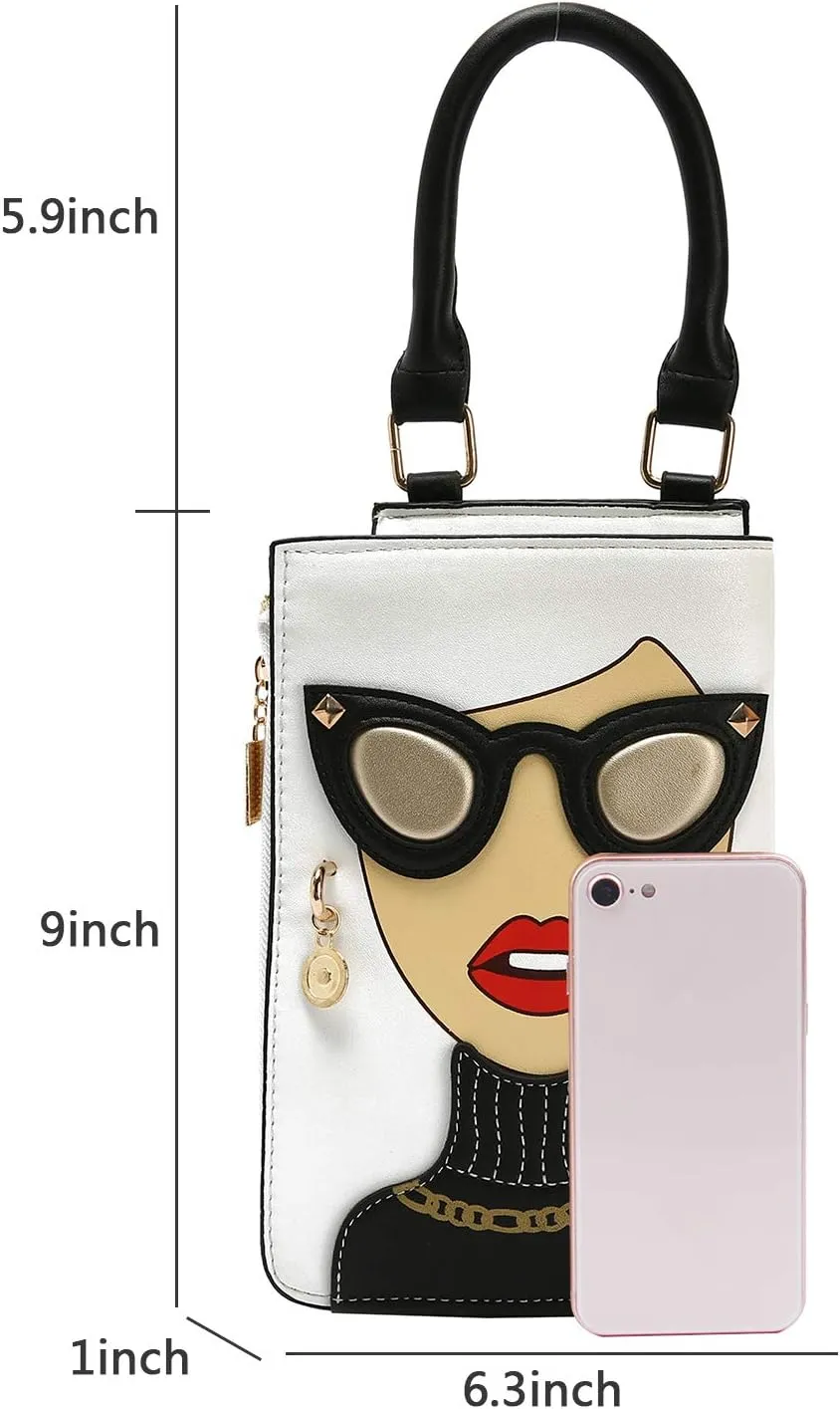 KUANG! Women Novelty Lady Face Shoulder Bags Funky PU Leather Top Handle Satchel Handbags Clutch Purse for Women
