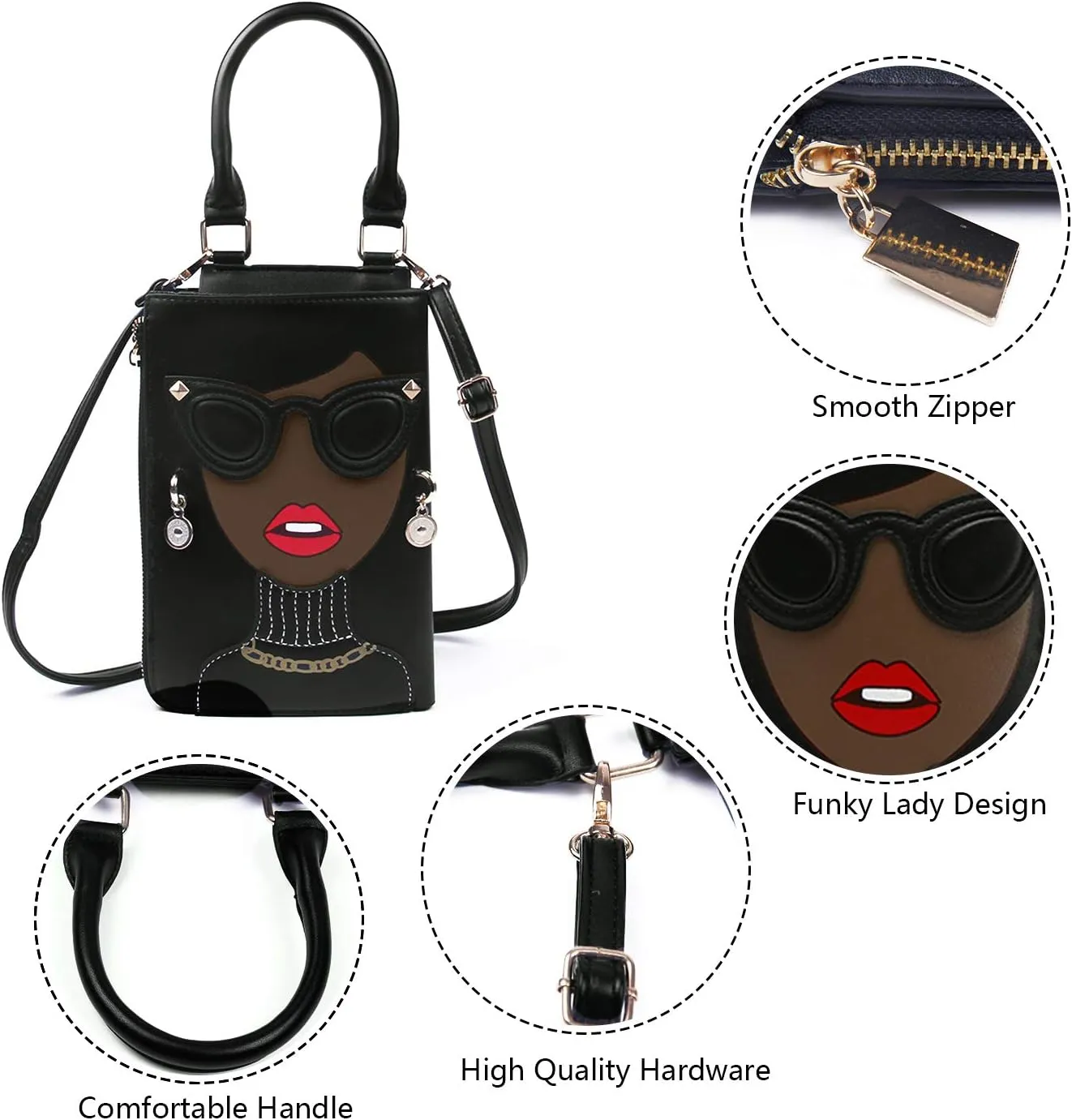 KUANG! Women Novelty Lady Face Shoulder Bags Funky PU Leather Top Handle Satchel Handbags Clutch Purse for Women